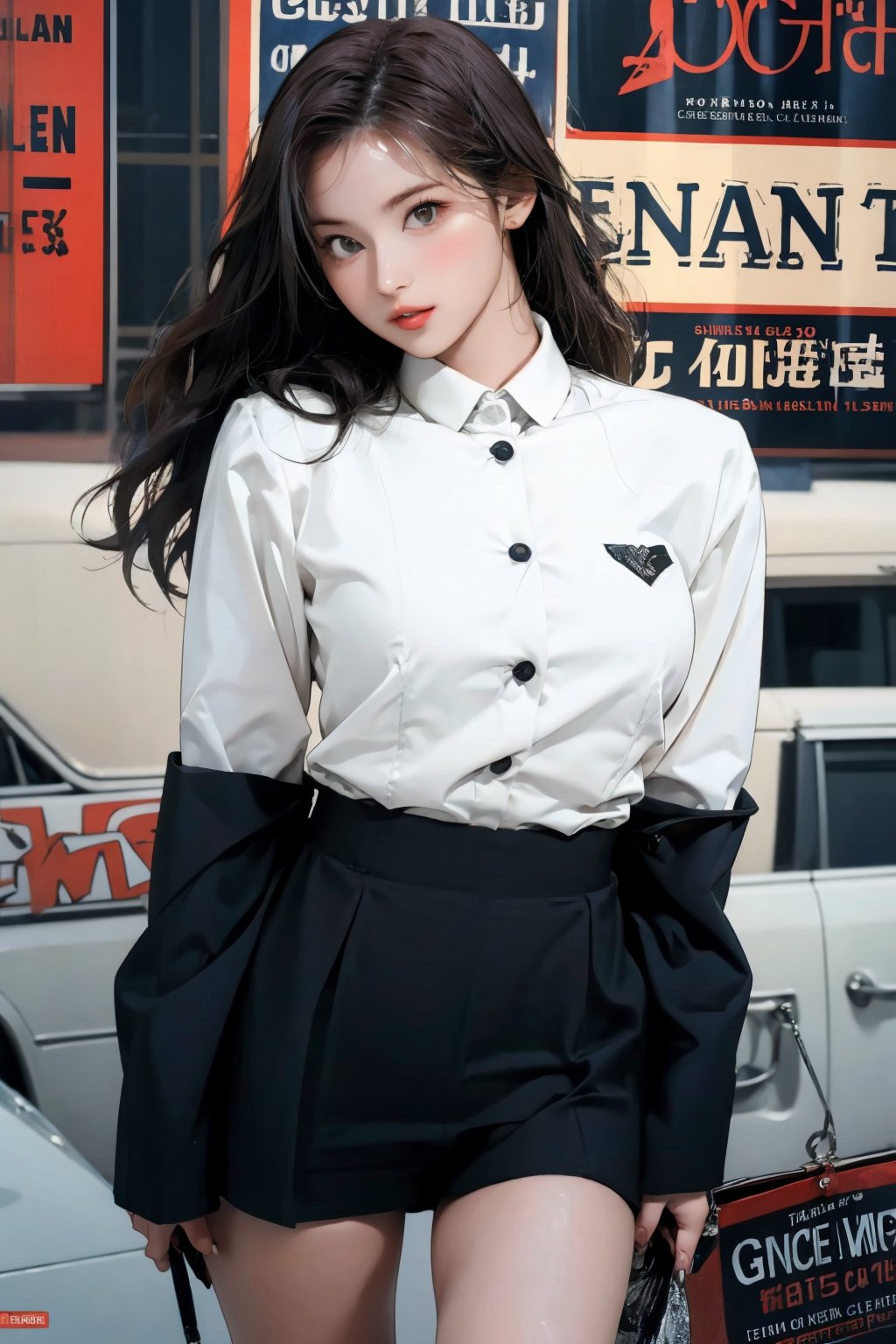 wide angle, thigh up body,
1girl, looking at viewer, 
detailed clothing, styled shirt, best quality, sharp focus, natural lighting, sanatw, magazine cover