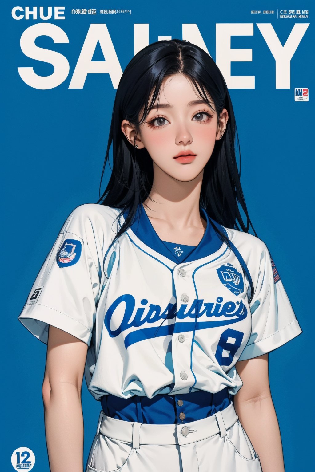 1girl, thigh up, looking at viewer, detailed clothes, baseball girl outfit, accurate color reproduction, best quality, professionally color graded, artwork, blurring effect, professional lighting, sanatw, magazine cover, blue background, jisoo,chimai,miyeon,aespakarina