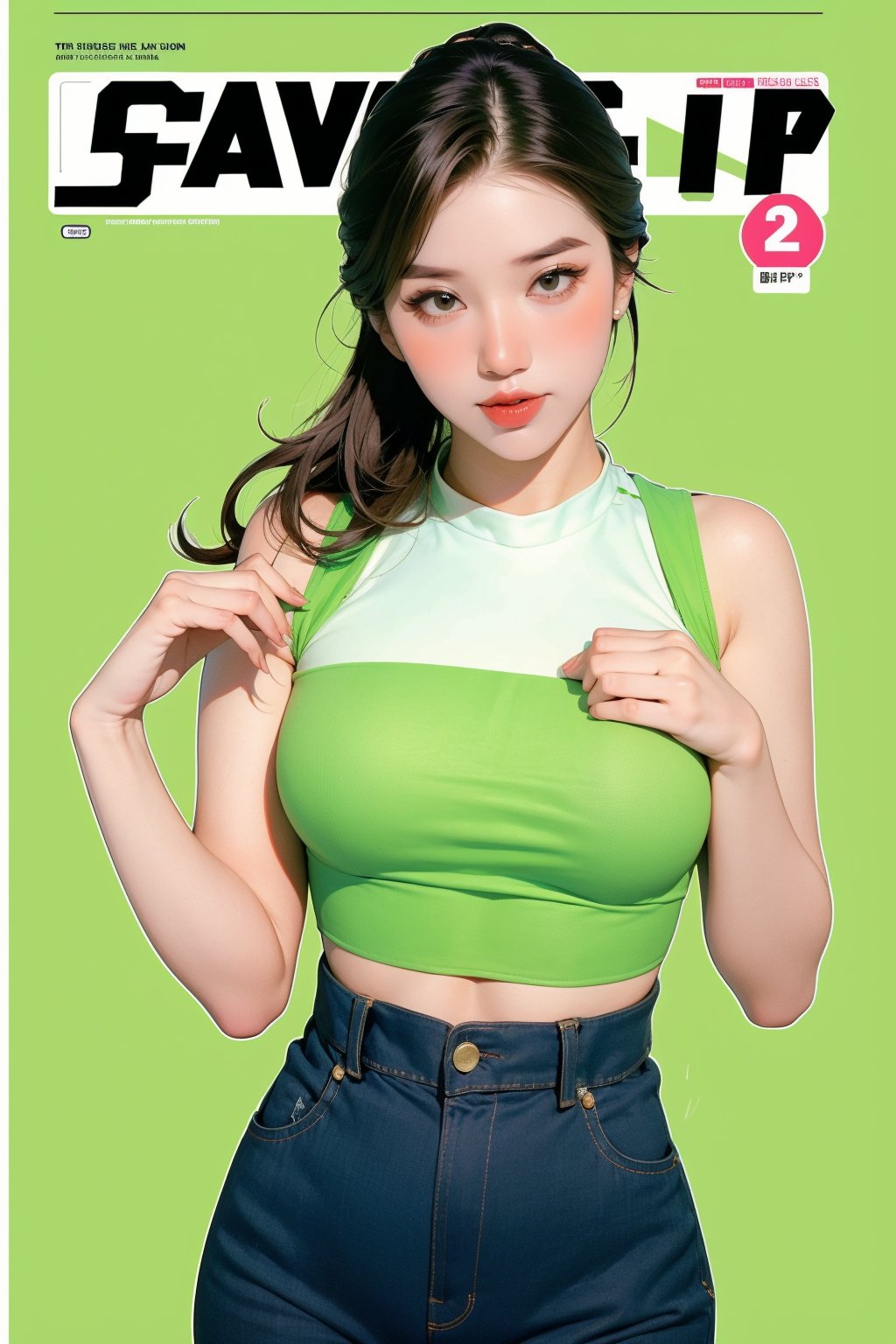 1girl, thigh up body, detailed clothes, kpop idol, hairstyle, croptop, trouser, looking at viewer, sharp focus, magazine cover, green background, ((outline,)) chimai, aespakarina,sanatw