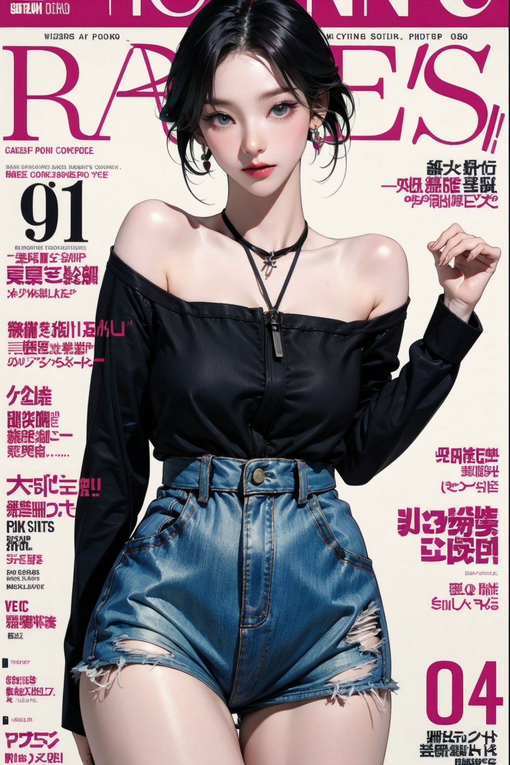 1girl, thigh up body, standing, looking at viewer, styled clothes, hairstyle, aespakarina, magazine cover, earrings, 