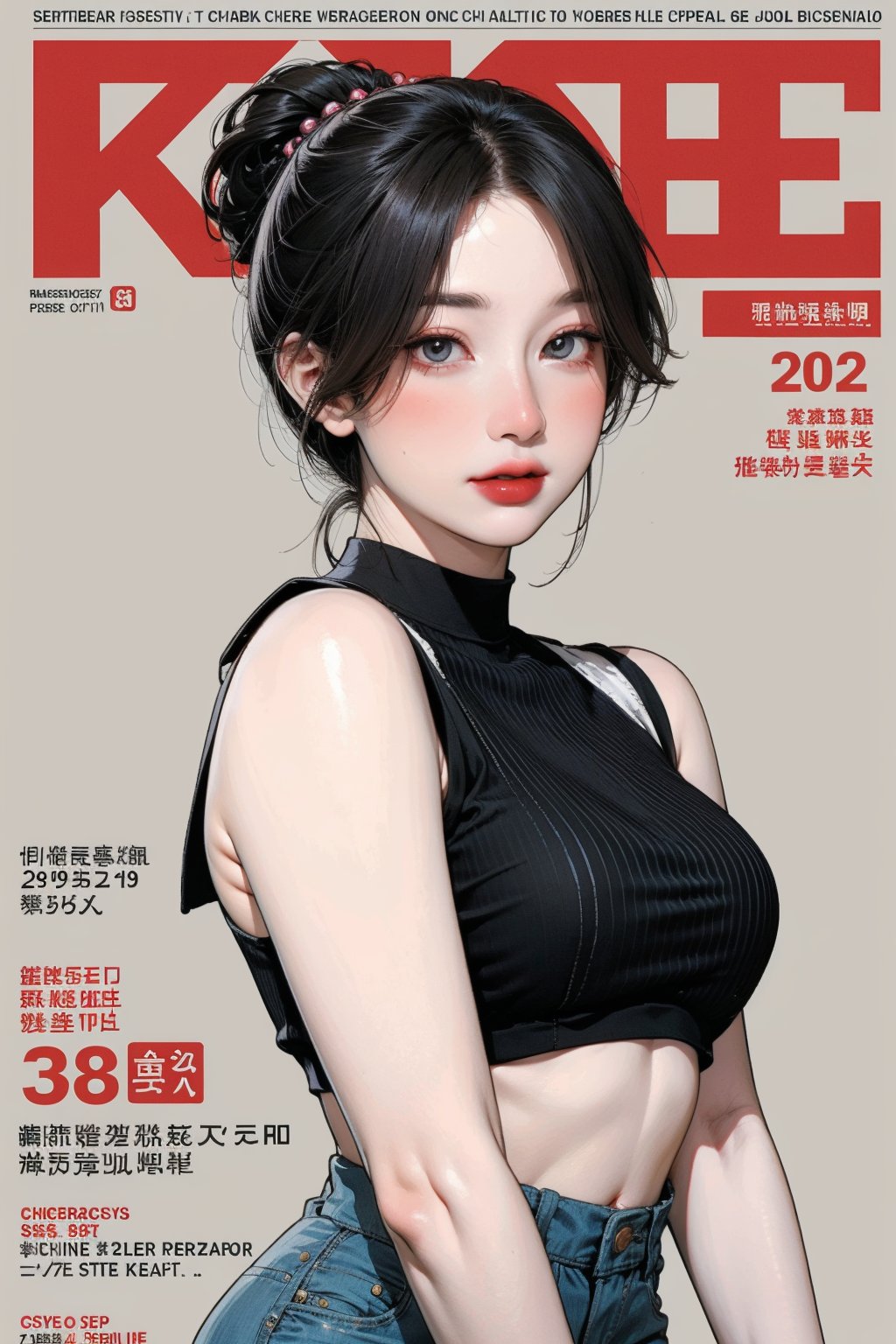 1girl, looking at viewer, styled clothes, turtle neck croptop, sleeveless, hairstyle, sharp focus, magazine cover, coloful background, 2D artstyle, outline, 

chimai,hine,hakil,yuong01,johyun