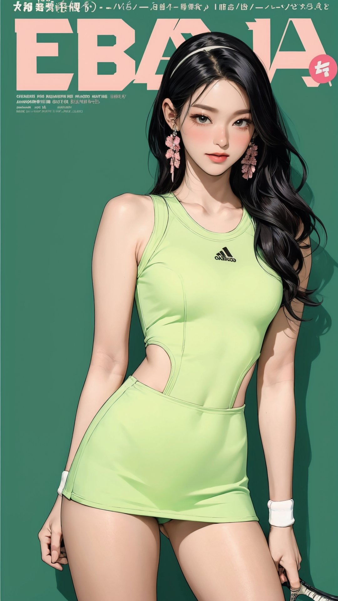 1girl, standing, thigh up body, hairband, ((looking at viewer, tennis girl outfit,)) 2D artstyle, magazine cover, outline, earings, blush, green background, hairstyle, ultra detailed, best quality, sharp focus, kmiu,sim,haohaoulz,aespawinter,huondey,seolhuyn