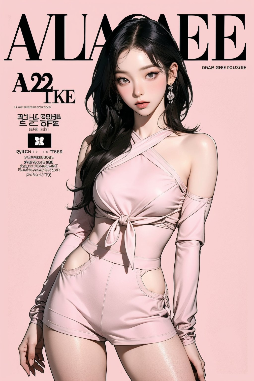 allure, 1girl, thigh up body, detailed clothes, cutout, kpop idol outfit, styled, medium hair, tied hair, looking at viewer, sharp focus, magazine cover, pink background, ((outline,)) chimai, aespakarina,sanatw