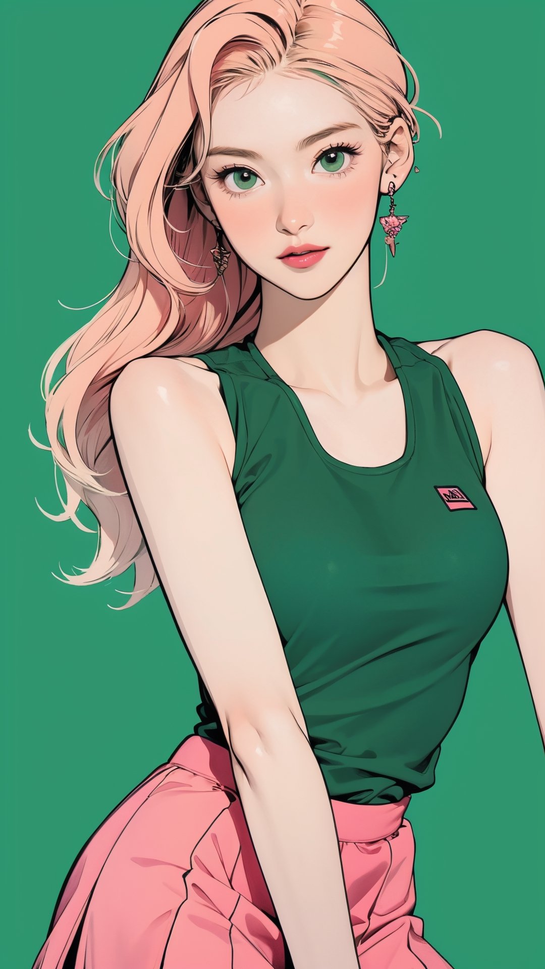 1girl, standing, thigh up body, ((looking at viewer, tennis girl outfit, center opening,)) 2D artstyle, magazine cover, outline, earings, blush, green background, hairstyle, ultra detailed, best quality, sharp focus, ,DiaSondef,sophiesw,Mia ,Anna ,mthanhh,minatw,momo,sanatw