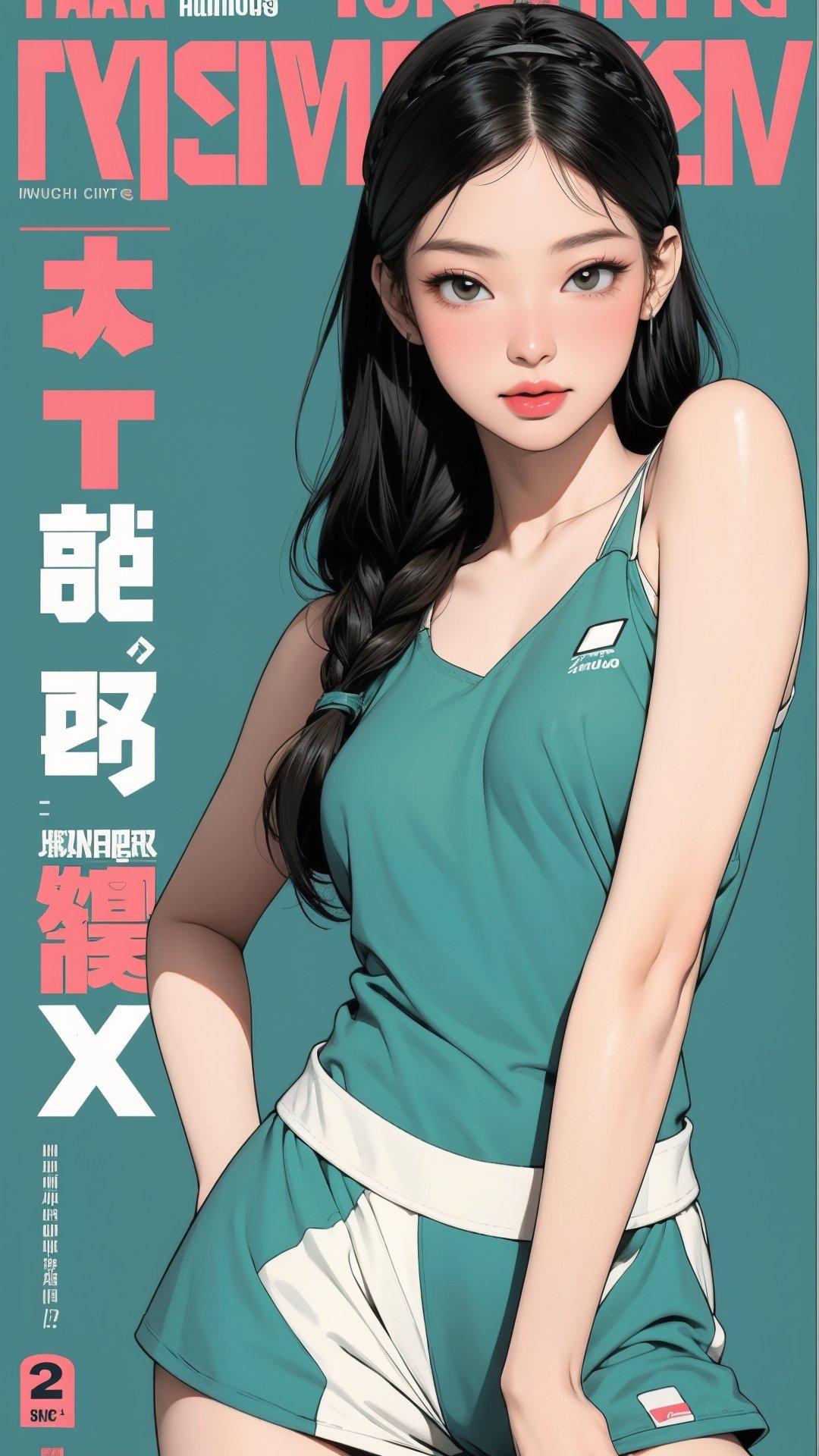 1girl, standing, thigh up body, hairband, ((looking at viewer, tennis girl outfit,)) 2D artstyle, magazine cover, outline, earings, blush, green background, hairstyle, ultra detailed, best quality, sharp focus, kmiu,sim,haohaoulz,aespawinter,huondey,seolhuyn,jennie