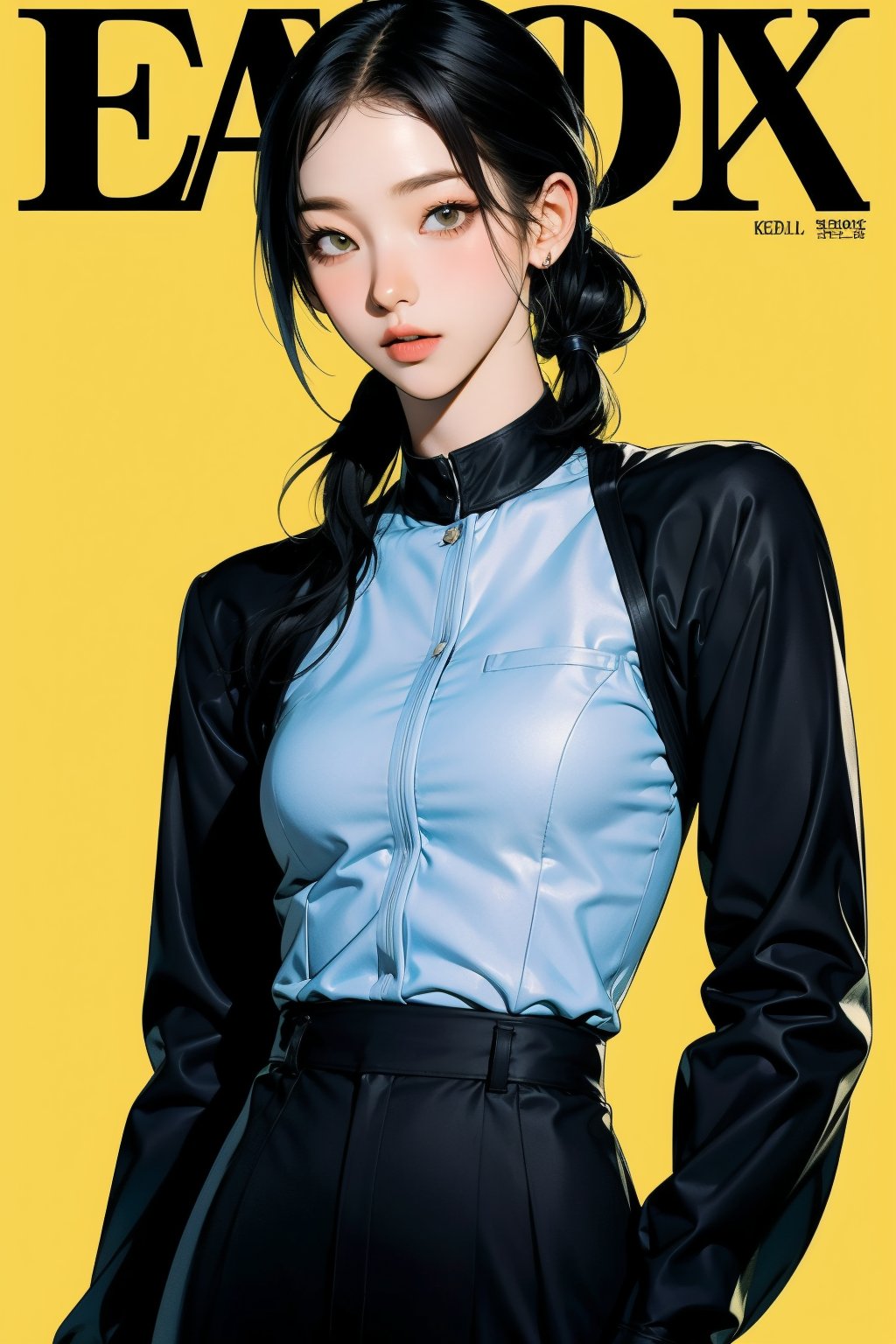 1girl, thigh up body, detailed clothes, kpop idol, medium hair, pony tails, looking at viewer, sharp focus, magazine cover, yellow background, ((outline,)) chimai, aespakarina,sanatw