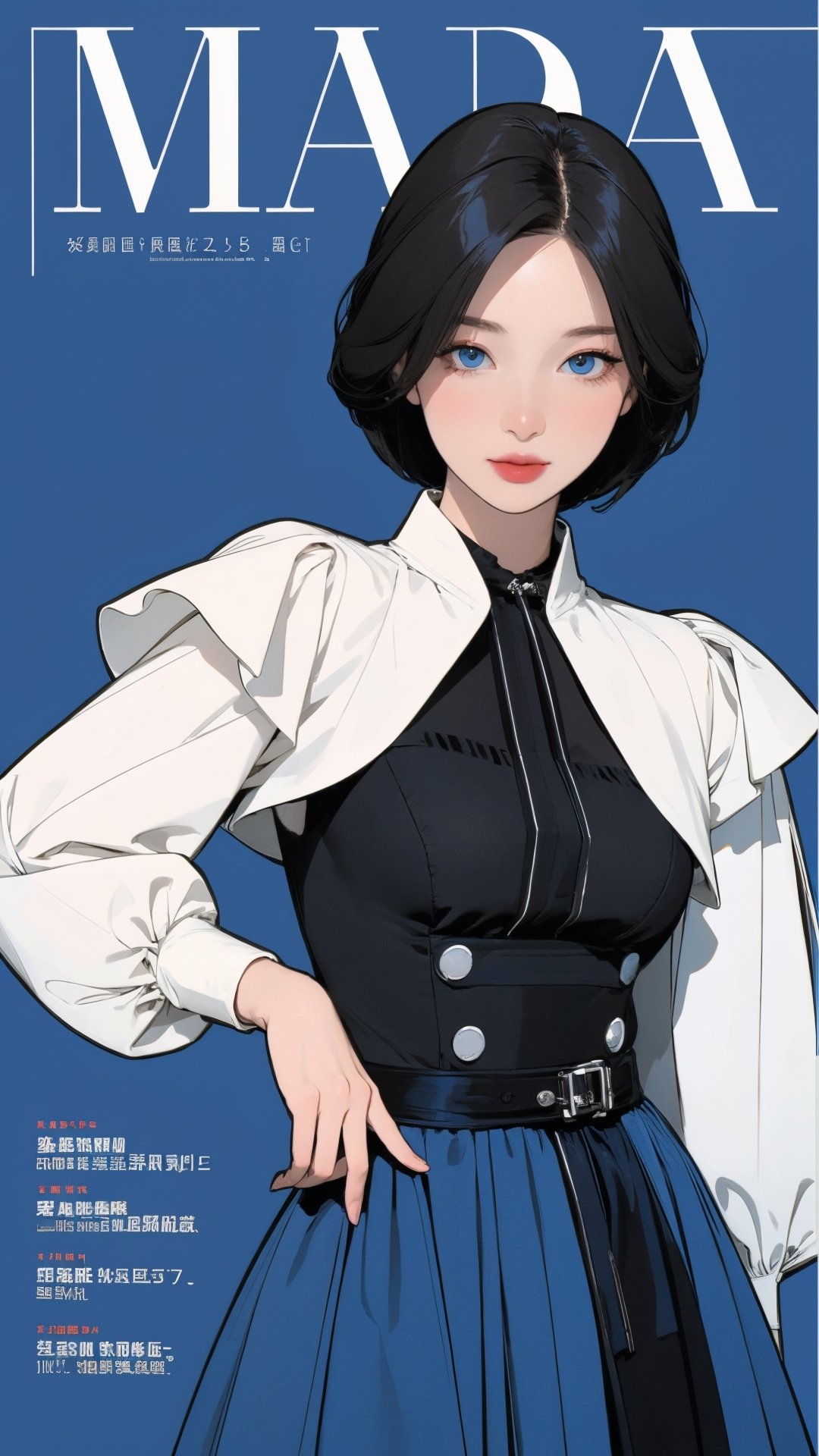 1girl, looking at viewer, beautiful and elegant, blue background, cutout clothing, hairstyle, cinematic composition, styled clothes,  ultra detailed, best quality, sharp focus, ((magazine cover, outline, 2.5D artstyle,)) htt