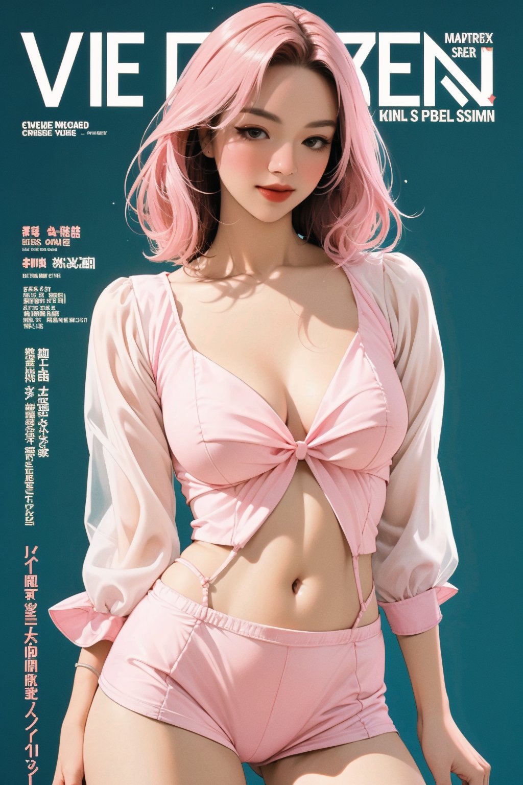 lustful, allure, sexy, 1girl, pink hair, thigh up body, detailed beautiful face, detailed beautiful eyes, looking at viewer, translucent, intricate clothes, cutout clothes, navel cutout, cinematic lighting, different hairstyle, magazine cover, green background, sim