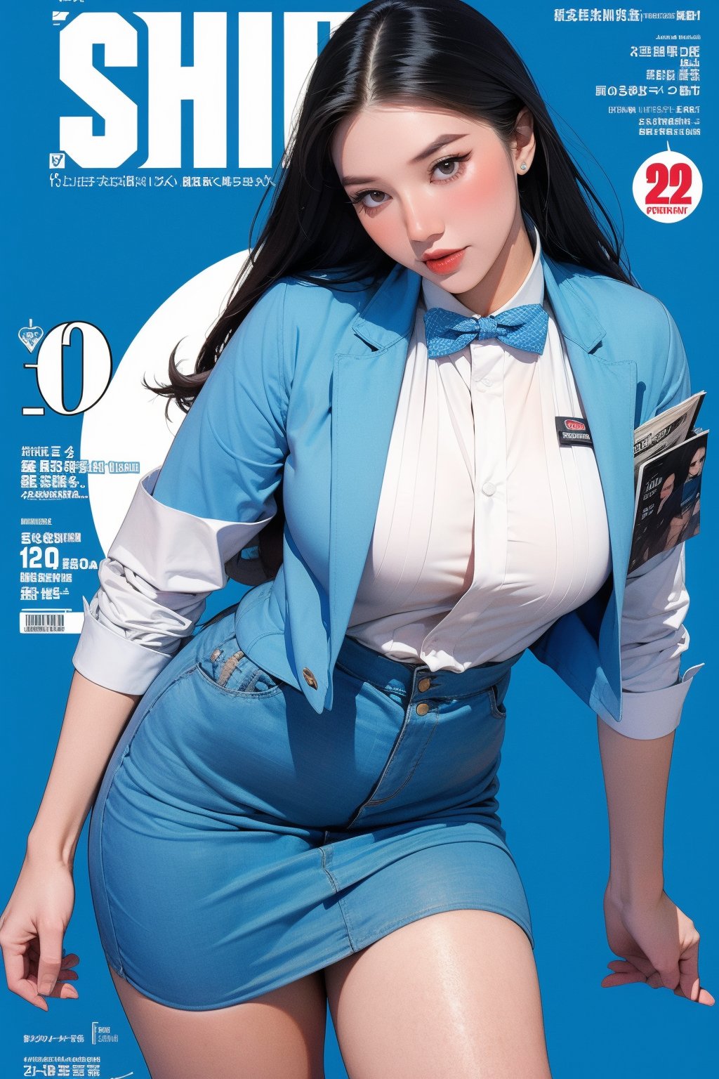 1girl, flight attendant, thigh up body, styled detailed clothes, looking at viewer, sharp focus, magazine cover, blue background, chimai,