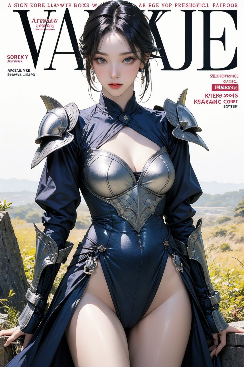 ((arc warior, )) thigh up body, standing, 1girl, looking at viewer, intricate clothes, professional lighting, different hairstyle, coloful outfit, magazine cover, fantasy, ancient, armor, aespakarina, 