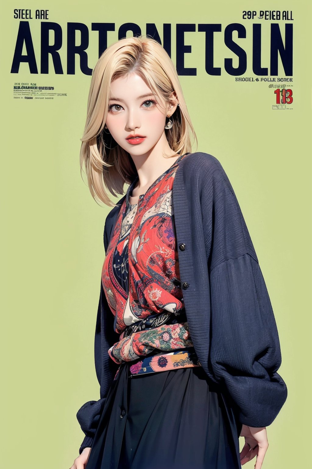 styled outfit, 1girl, standing, looking at viewer, detailed clothes, earrings, sanatw, magazine cover, green background, 2D artstyle,