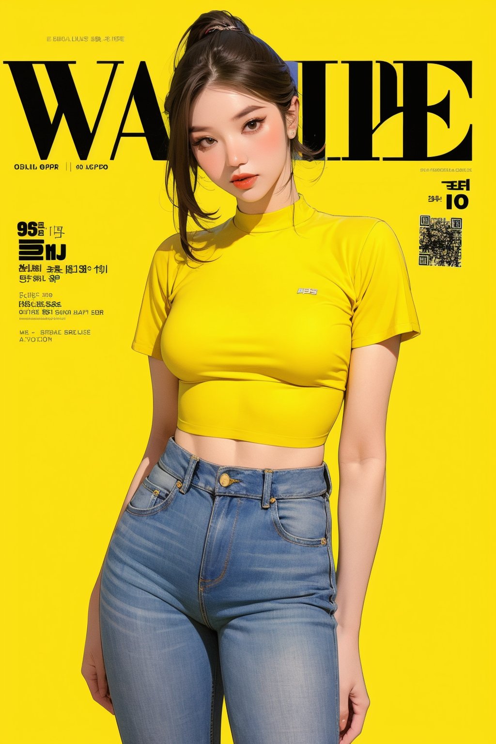 1girl, thigh up body, detailed clothes, kpop idol, hairstyle, croptop, boyfriend_jeans, looking at viewer, sharp focus, magazine cover, yellow background, ((outline,)) chimai, aespakarina,sanatw