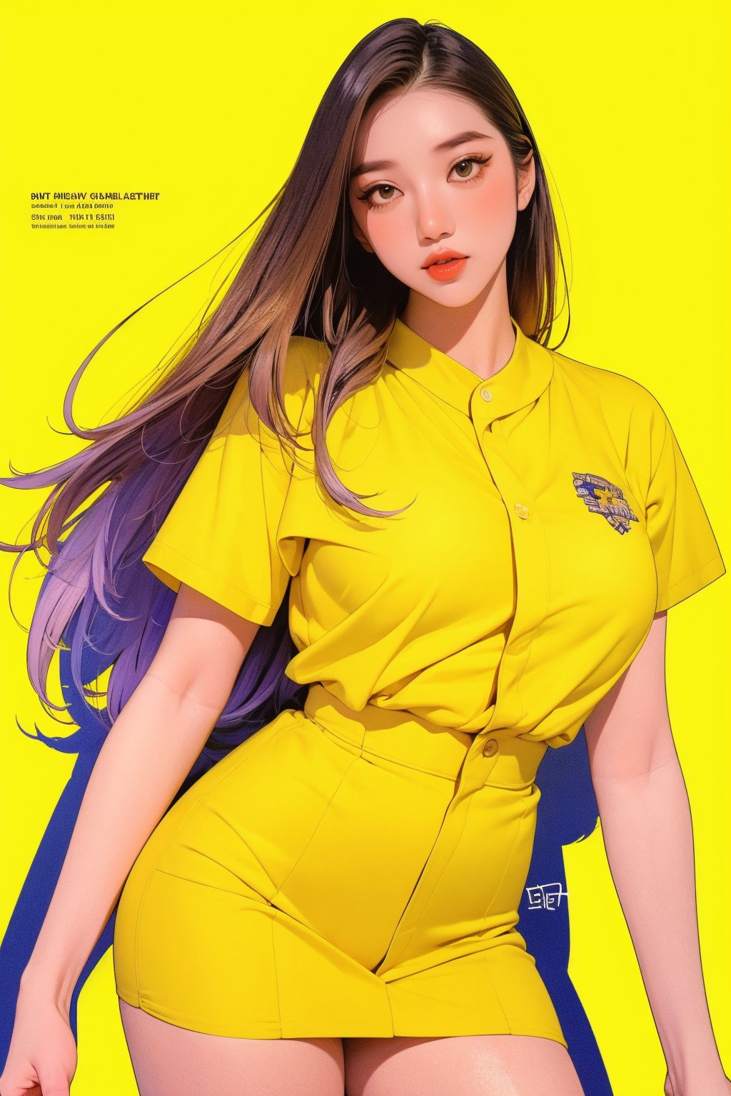 1girl, thigh up, looking at viewer, detailed clothes, baseball girl outfit, accurate color reproduction, best quality, professionally color graded, artwork, blurring effect, professional lighting, sanatw, magazine cover, yellow background, jisoo,chimai,miyeon,aespakarina