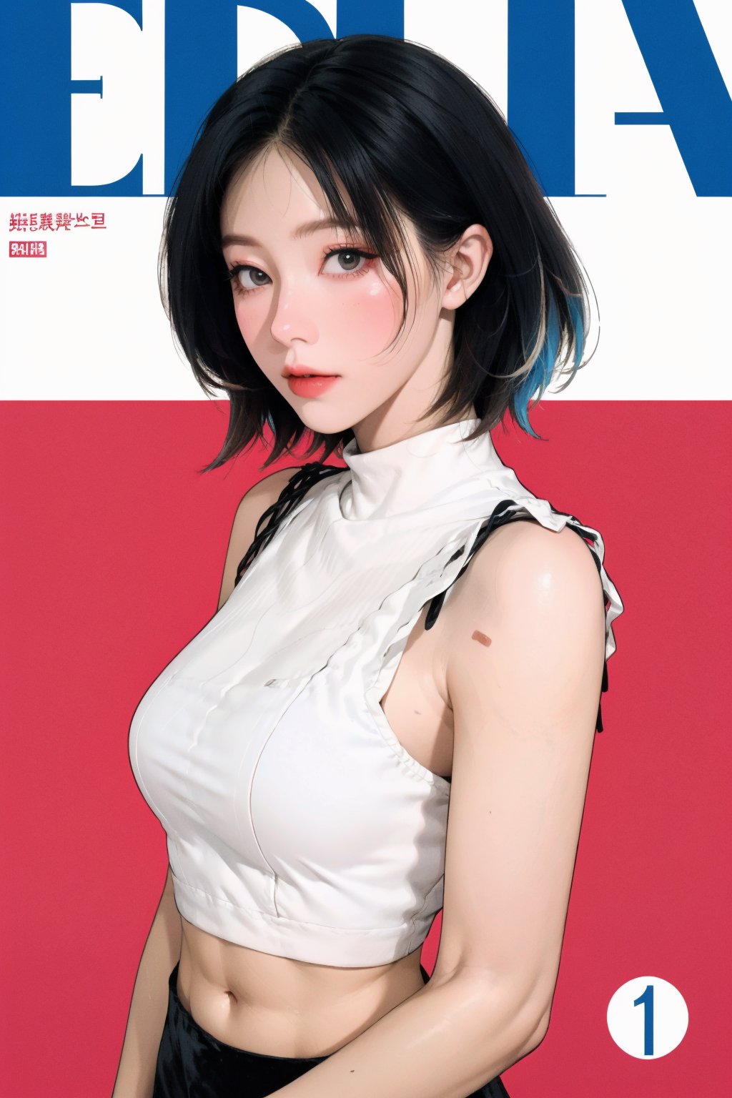 1girl, looking at viewer, styled clothes, turtle neck croptop, sleeveless, hairstyle, sharp focus, magazine cover, coloful background, 2D artstyle, outline, 

chimai,hine,hakil,yuong01,johyun