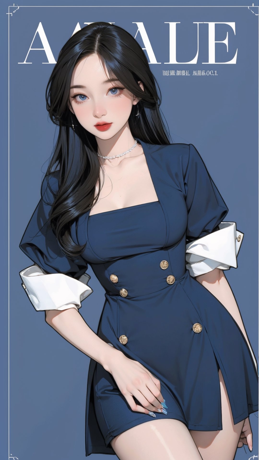 1girl, looking at viewer, thigh up body, stocking, earings, elegant, allure emotion, nsfw, blue background, hairstyle, styled clothes, cutout clothes, dynamic composition, ultra detailed, best quality, sharp focus, magazine cover, outline, 2D artstyle,aespakarina,htt