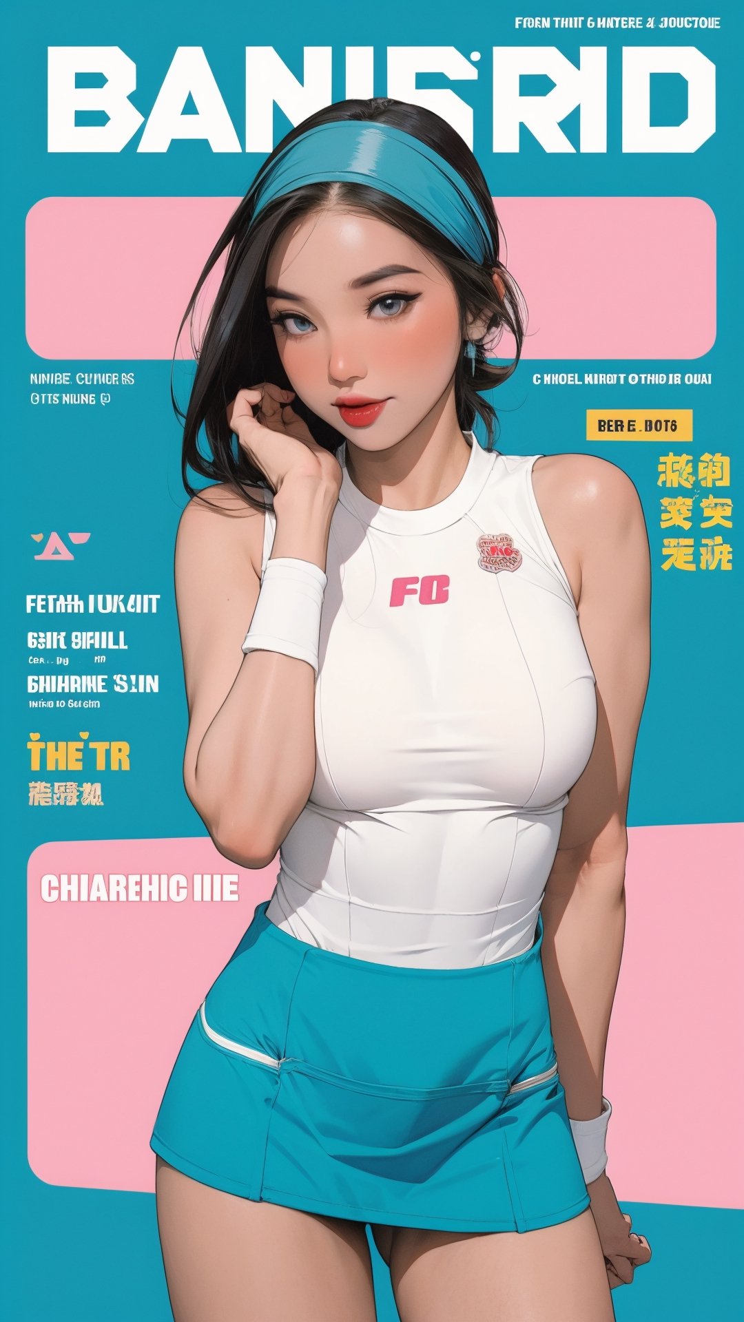 1girl, ((thigh up body, standing,)) magazine cover, outline, 2.5D artstyle, tennis girl outfit, hairband, looking at viewer, earings, blush, cyan background, hairstyle, detailed clothes, sleeveless, ultra detailed, best quality, sharp focus, chimai,