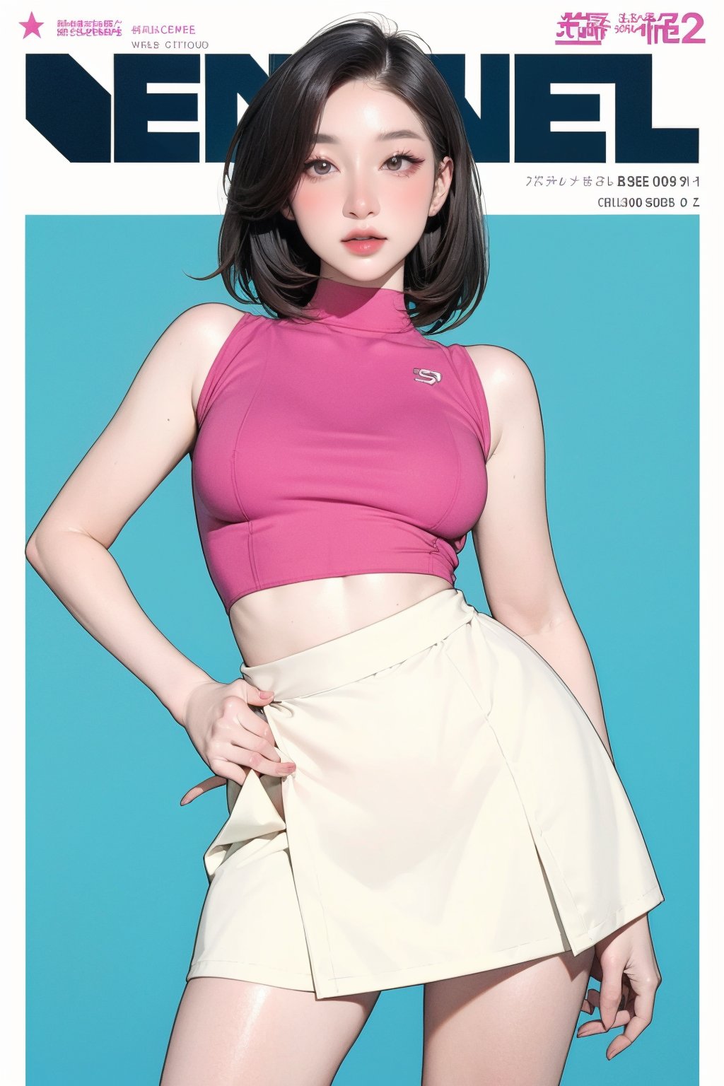 1girl, thigh up body, looking at viewer, styled clothes, turtle neck croptop, sleeveless, sharp focus, magazine cover, coloful background, 2D artstyle, outline, 

chimai,hine,hakil,yuong01,johyun,sim,haohaoulz,kn,htt