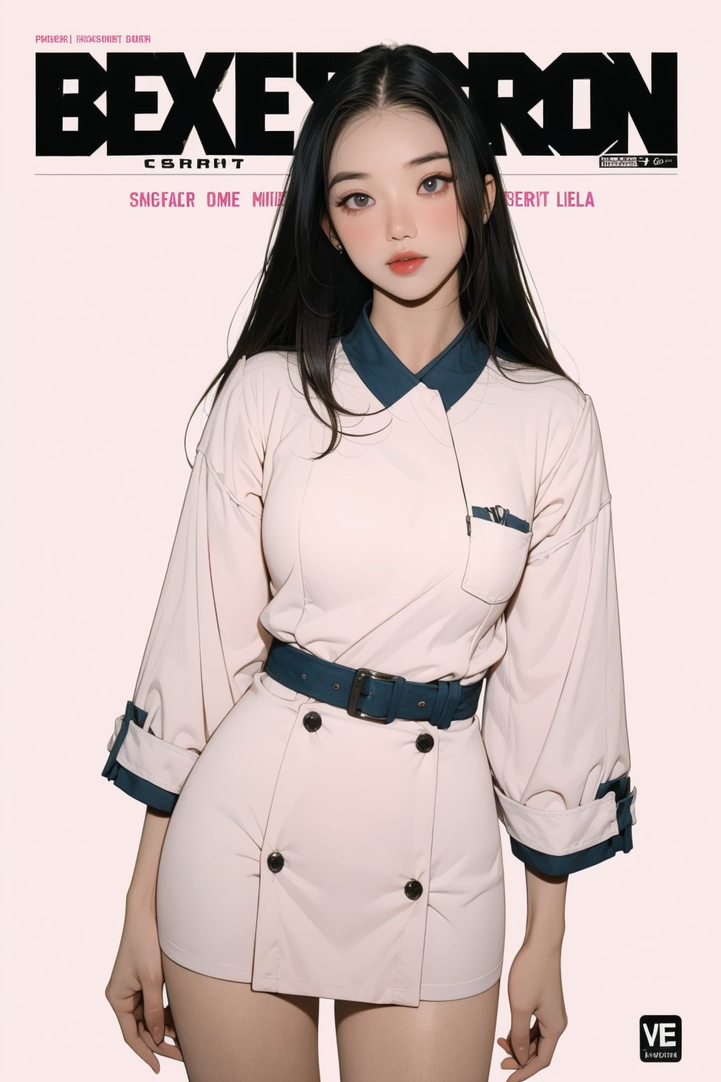 1girl, thigh up, looking at viewer, detailed clothes, accurate color reproduction, best quality, professionally color graded, artwork, blurring effect, professional lighting, sanatw, magazine cover, pink background, jisoo,chimai