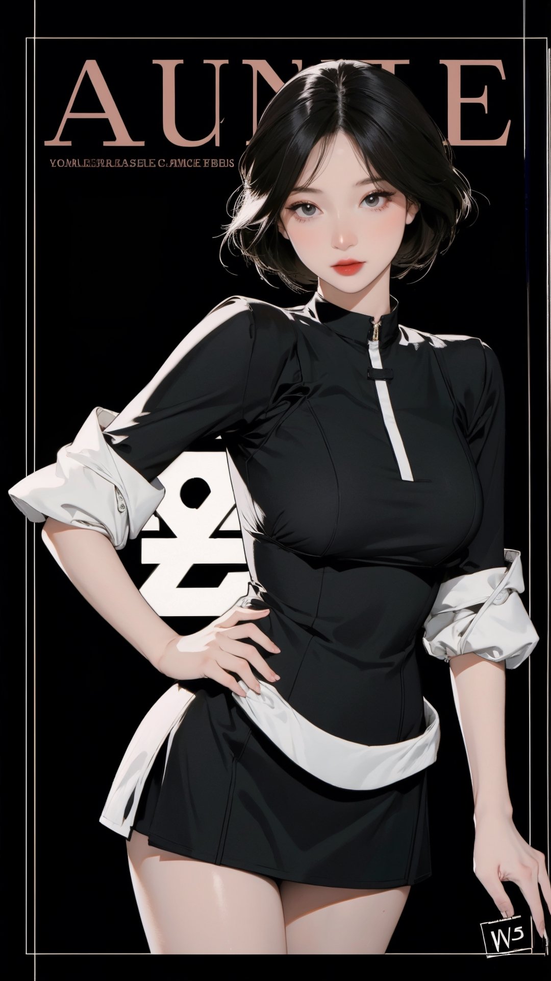 1girl, looking at viewer, thigh up body, sexy and elegant, black background, cutout clothing, hairstyle, cinematic composition, styled clothes,  ultra detailed, best quality, sharp focus, magazine cover, outline, 2D artstyle, htt