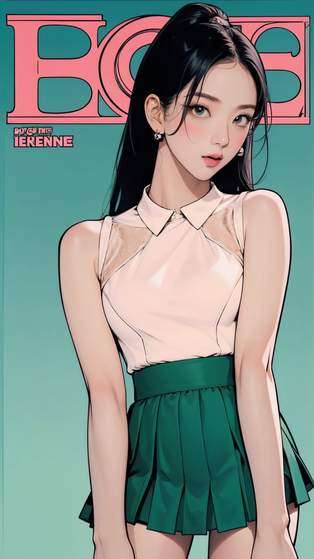 1girl, standing, thigh up body, ((looking at viewer, tennis girl outfit,)) 2D artstyle, magazine cover, outline, earings, blush, green background, hairstyle, ultra detailed, best quality, sharp focus,rosé,jisoo