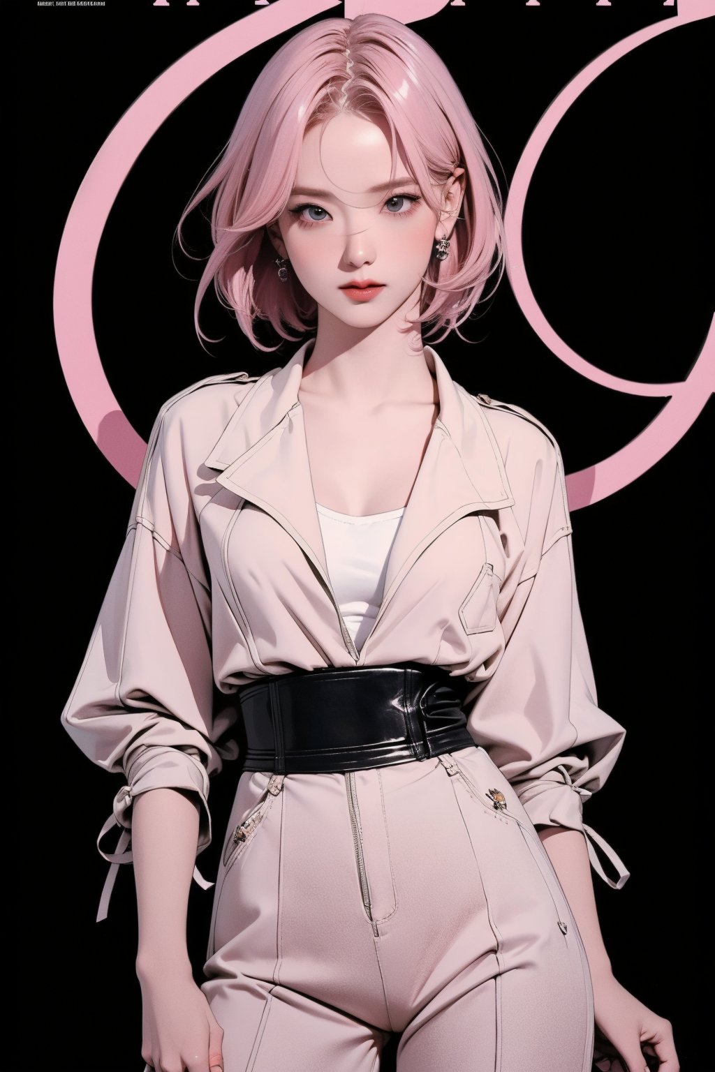 1girl, thigh up body, standing, looking at viewer, pink hair, styled clothes, ultra detail, accurate color reproduction, black background, best quality, professionally color graded, artwork, blurring effect, professional lighting, sanatw, magazine cover,sim,chimai,aespakarina,jisoo