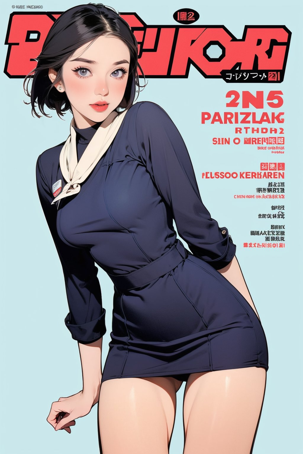 1girl, flight attendant outfit, thigh up body, detailed clothes, looking at viewer, sharp focus, magazine cover, coloful background, ((2D manga artstyle, outline,)) chimai,