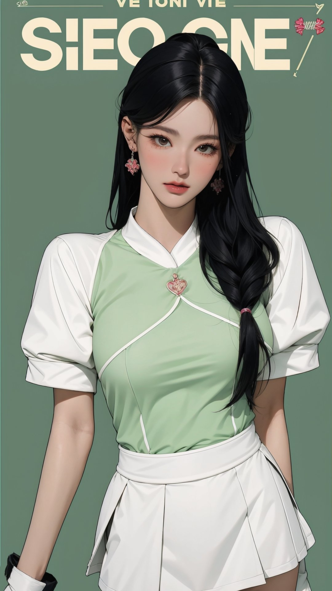 1girl, standing, thigh up body, ((looking at viewer, tennis girl outfit, center opening,)) 2D artstyle, magazine cover, outline, earings, blush, green background, hairstyle, ultra detailed, best quality, sharp focus, ,DiaSondef,sophiesw,Mia ,Anna ,miyeon