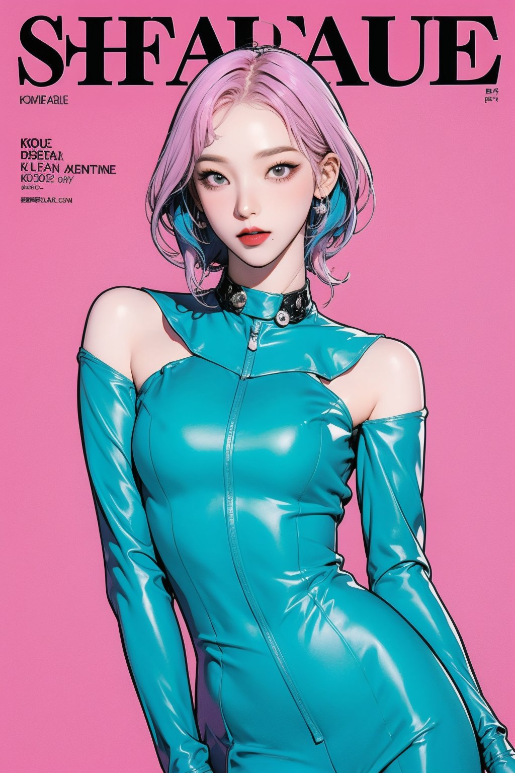 allure, 1girl, thigh up body, detailed clothes, cutout, kpop idol outfit, styled, pink purple hair, red lips, looking at viewer, sharp focus, magazine cover, cyan blue background, ((outline,)) chimai, aespakarina,sanatw