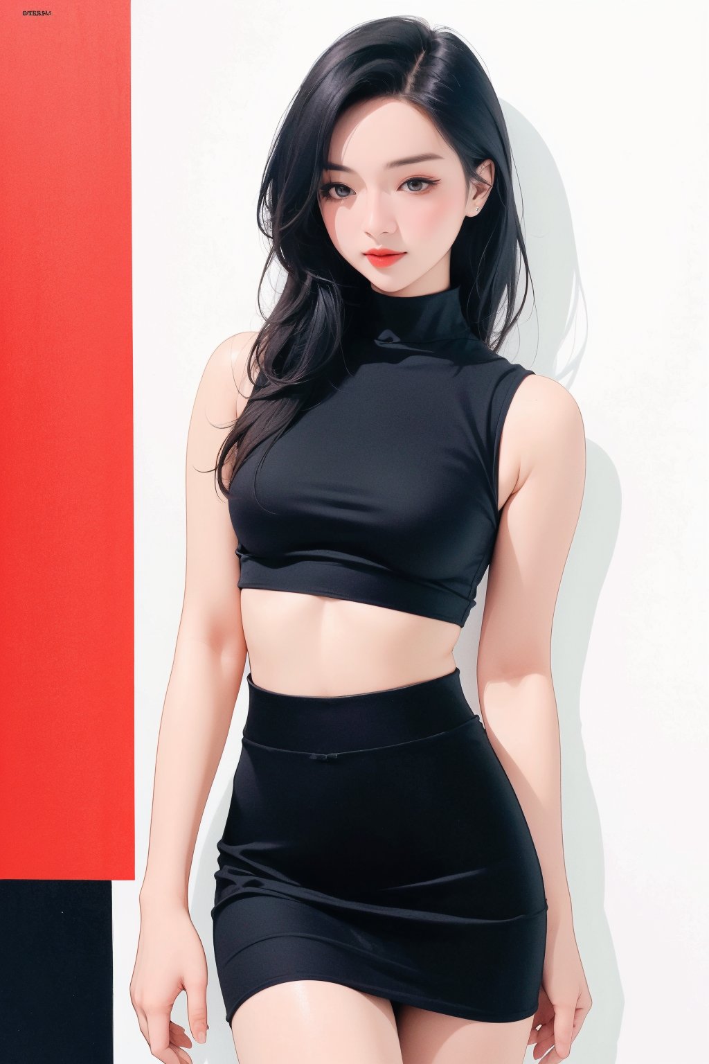 1girl, thigh up, standing, looking at viewer, detailed clothes, styled cutout turtleneck body shirt, sleeveless, miniskirt, accurate color reproduction, best quality, professionally color graded, professional lighting, sanatw, magazine cover, jisoo,chimai,miyeon,aespakarina,hakil,QA,sim