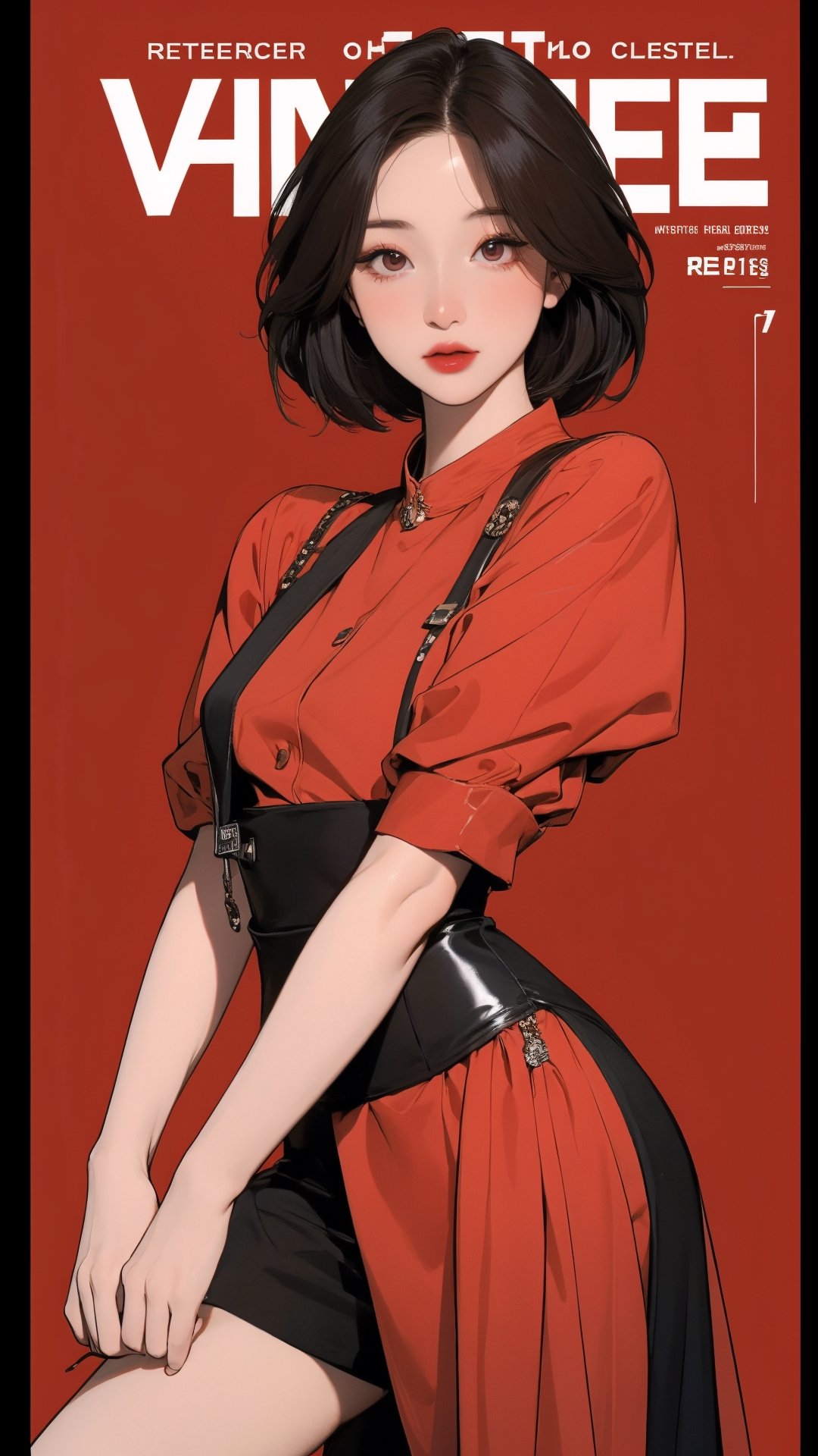 1girl, kpop idol, singer, attendant, looking at viewer, thigh up body, elegant and asthetic, red background, styled clothes, hairstyle, cinematic composition, styled clothes,  ultra detailed, best quality, sharp focus, magazine cover, outline, 2D artstyle,aespakarina,htt