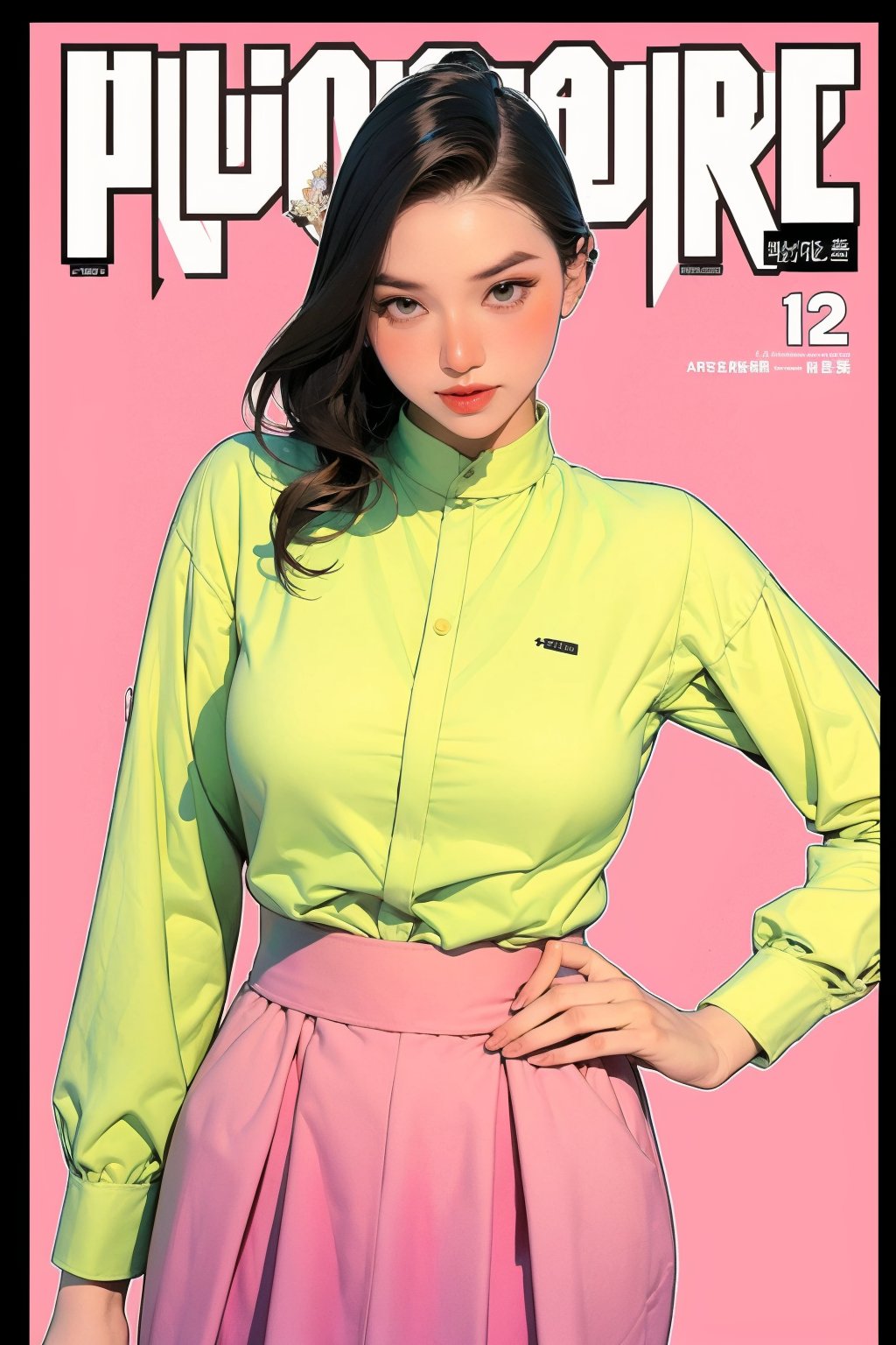 lustful, 1girl, styled clothes, cutout clothes, skirt, hairstyle, looking at viewer, sharp focus, magazine cover, coloful background, ((2D artstyle, outline,)) chimai,