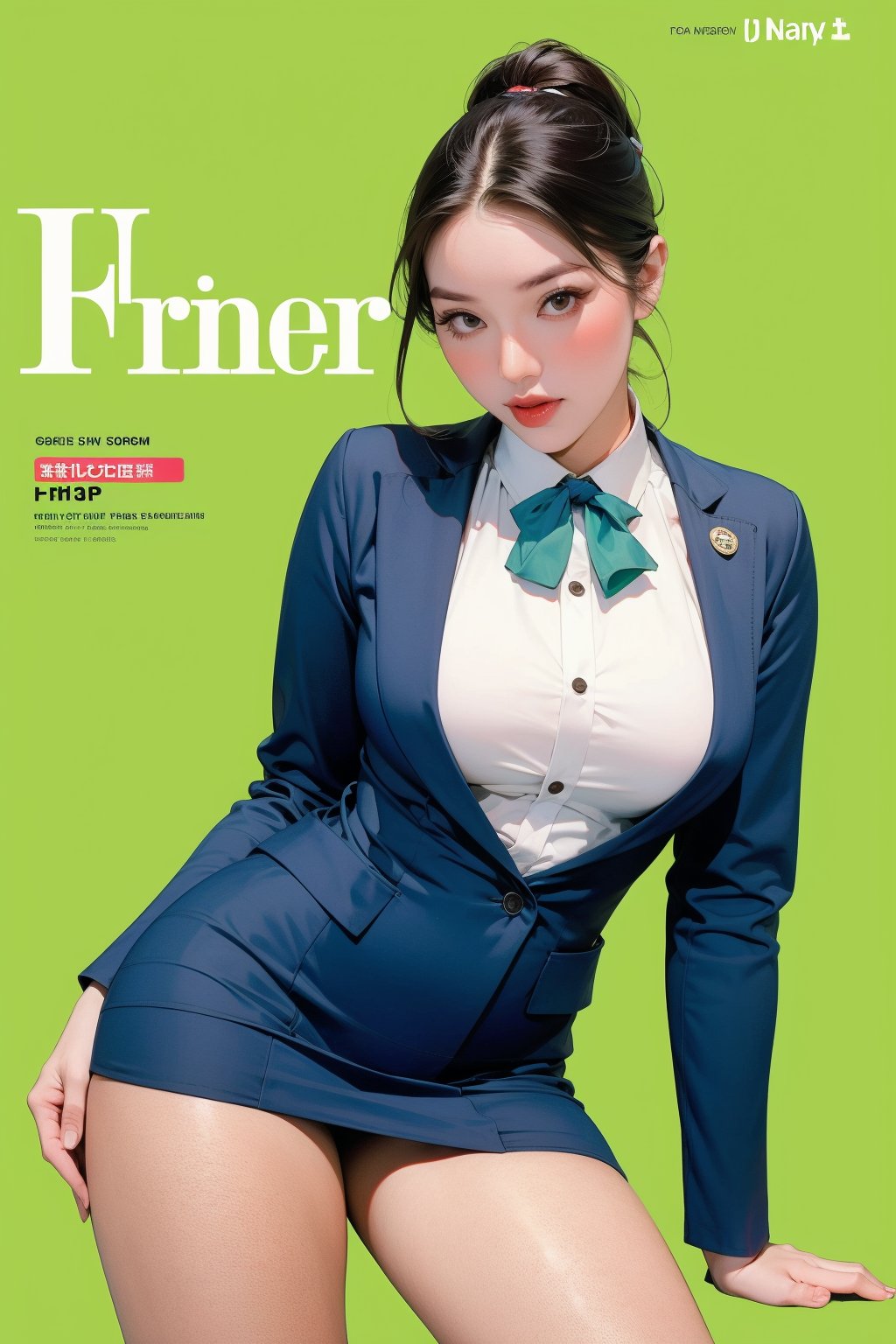 1girl, ((flight attendant outfit,)) thigh up body, detailed clothes, looking at viewer, sharp focus, magazine cover, green background, chimai,