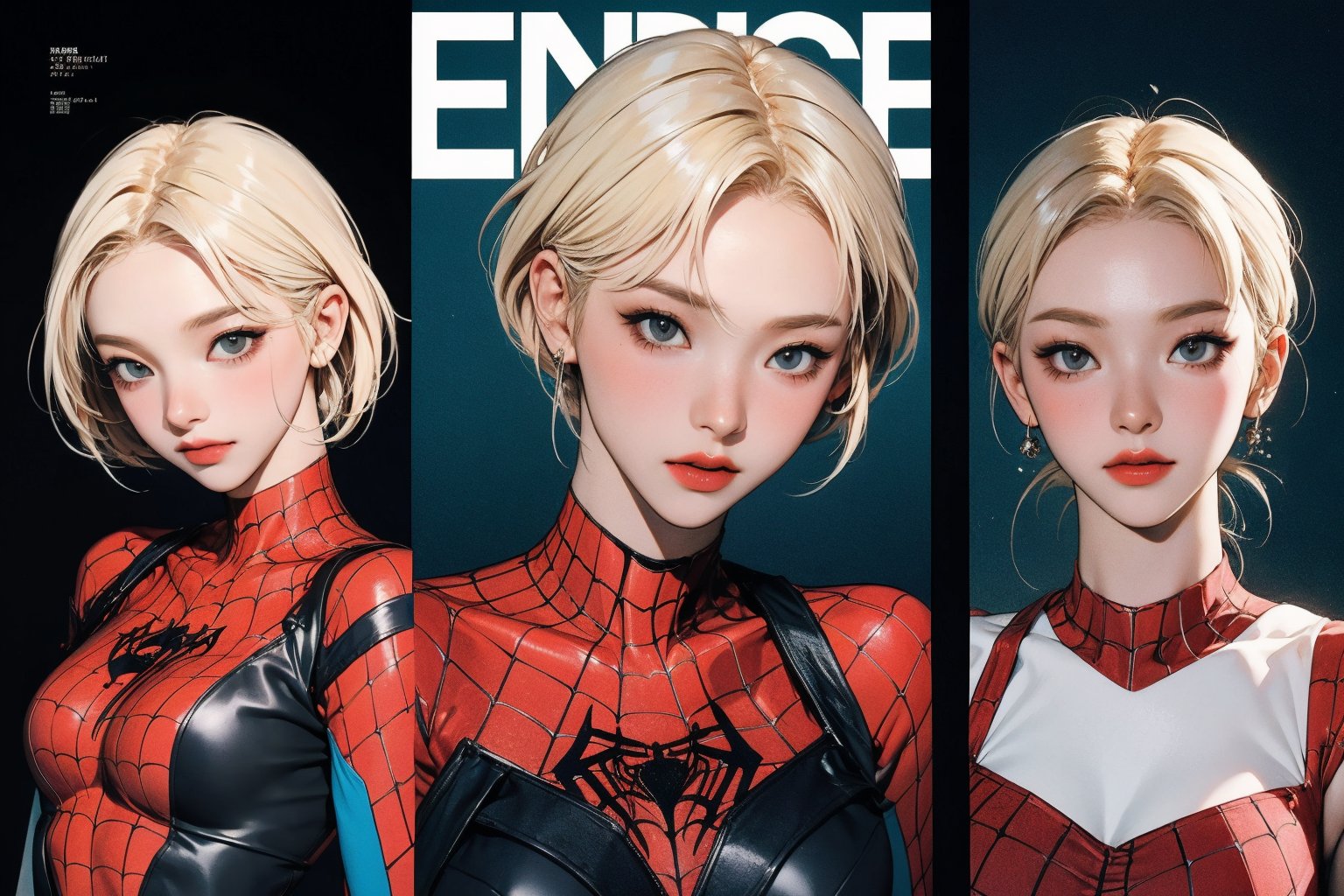 (1girl, ((thigh up body,)) spiderman cosplay, blonde hair,) no mask, looking at viewer, cinematic lighting, cinematic composition, hairstyle, magazine cover, 2D artstyle, split screen by 2,



johyun, wyntracy, hine, hakil, htt, chimai, sim, yuong01, sana, QA, aespakarina, huondey,kn,jisoo