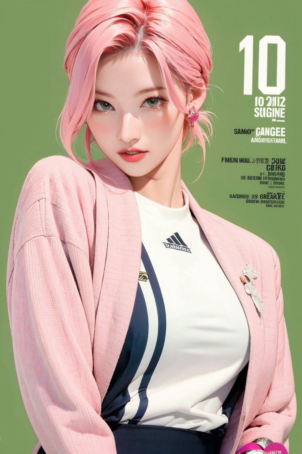 tennis girl outfit, 1girl, standing, pink hair, looking at viewer, hairstyle, detailed clothes, earrings, sanatw, magazine cover, green background,