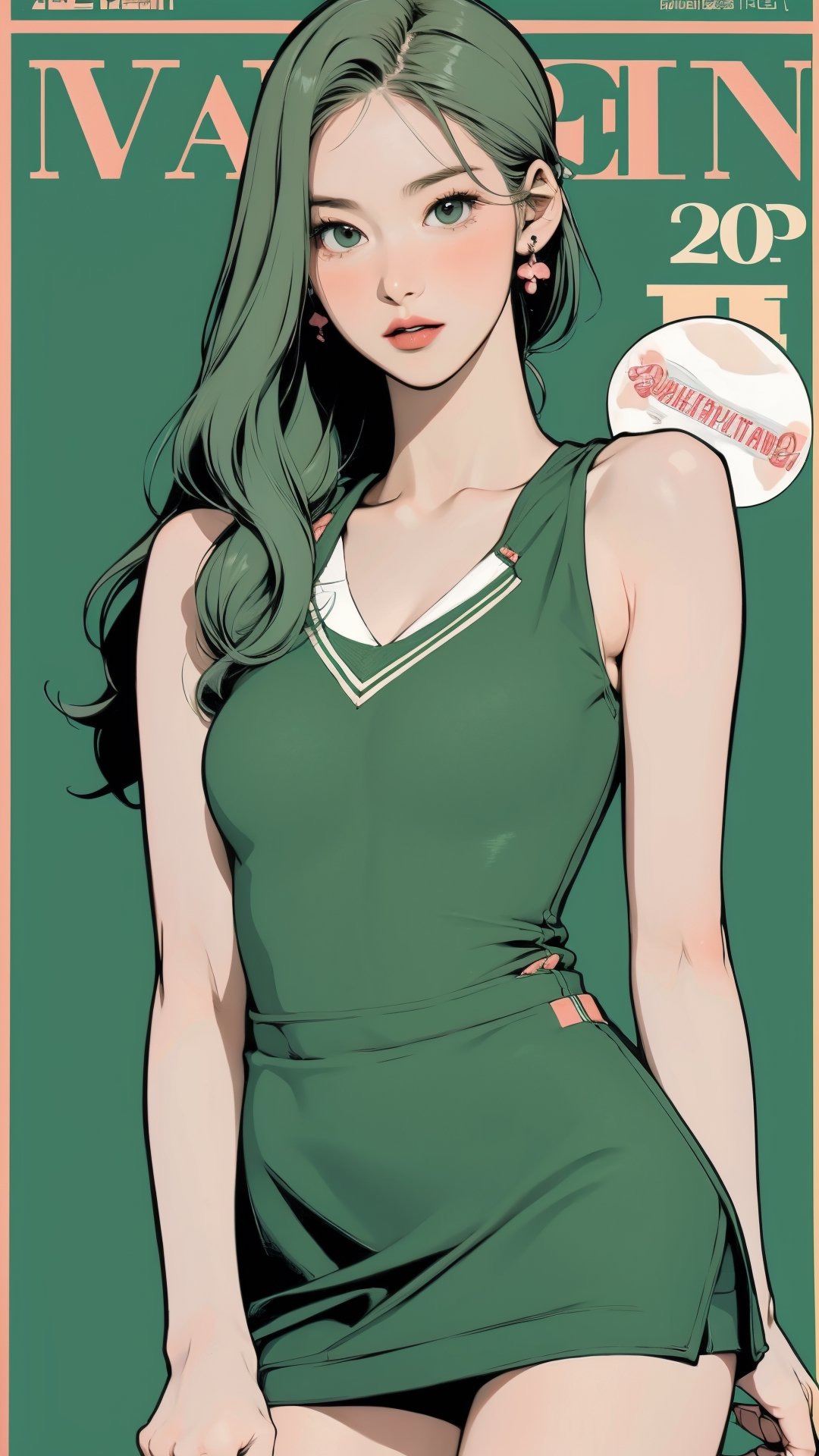 1girl, standing, thigh up body, ((looking at viewer, tennis girl outfit, center opening,)) 2D artstyle, magazine cover, outline, earings, blush, green background, hairstyle, ultra detailed, best quality, sharp focus, ,DiaSondef,sophiesw,Mia ,Anna ,mthanhh,minatw,momo,sanatw