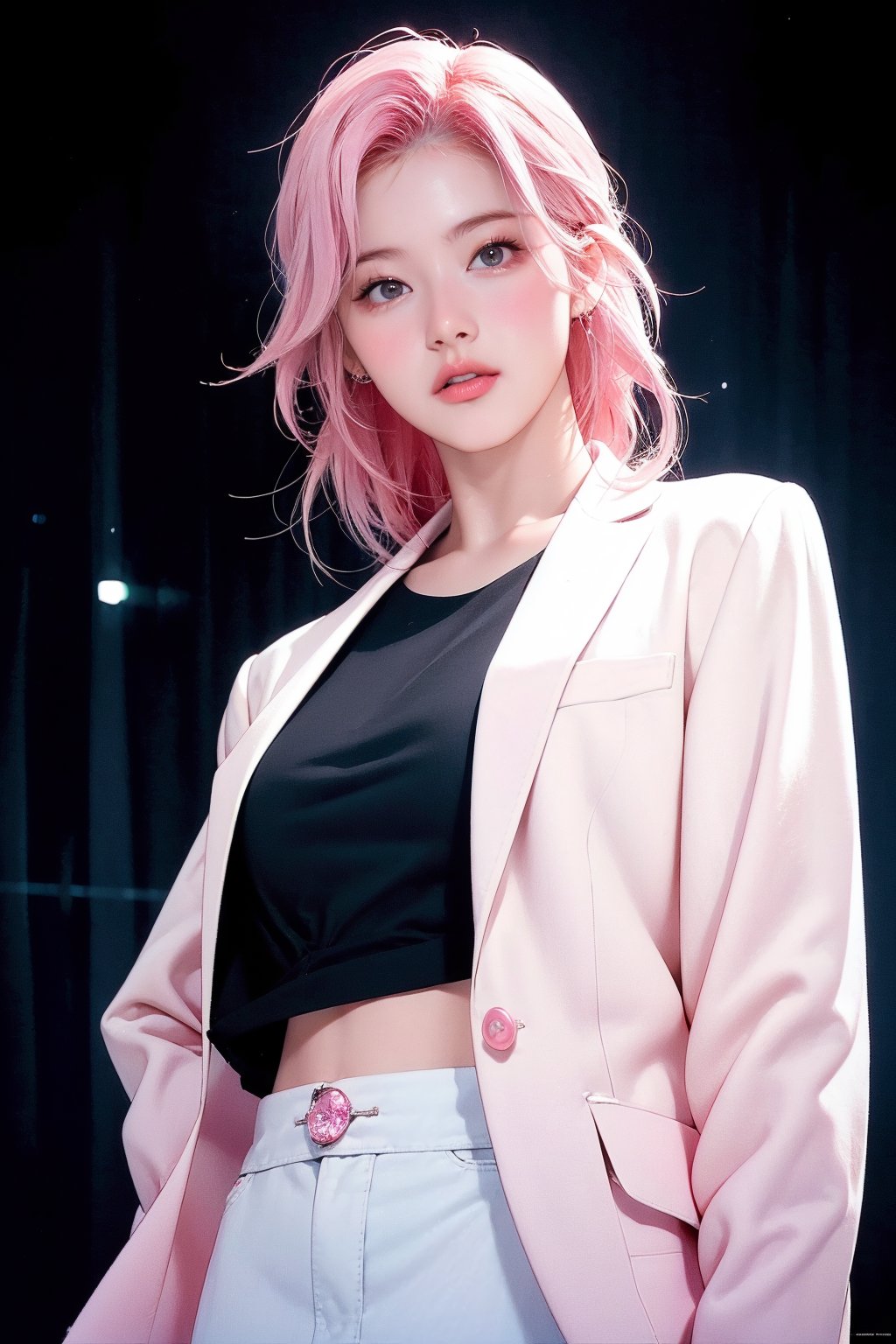 1girl, hip up, looking at viewer, pink hair, styled outfit, ultra detail, accurate color reproduction, black background, best quality, professionally color graded, wide angle, artwork, blurring effect, professional lighting, cinematic, sanatw