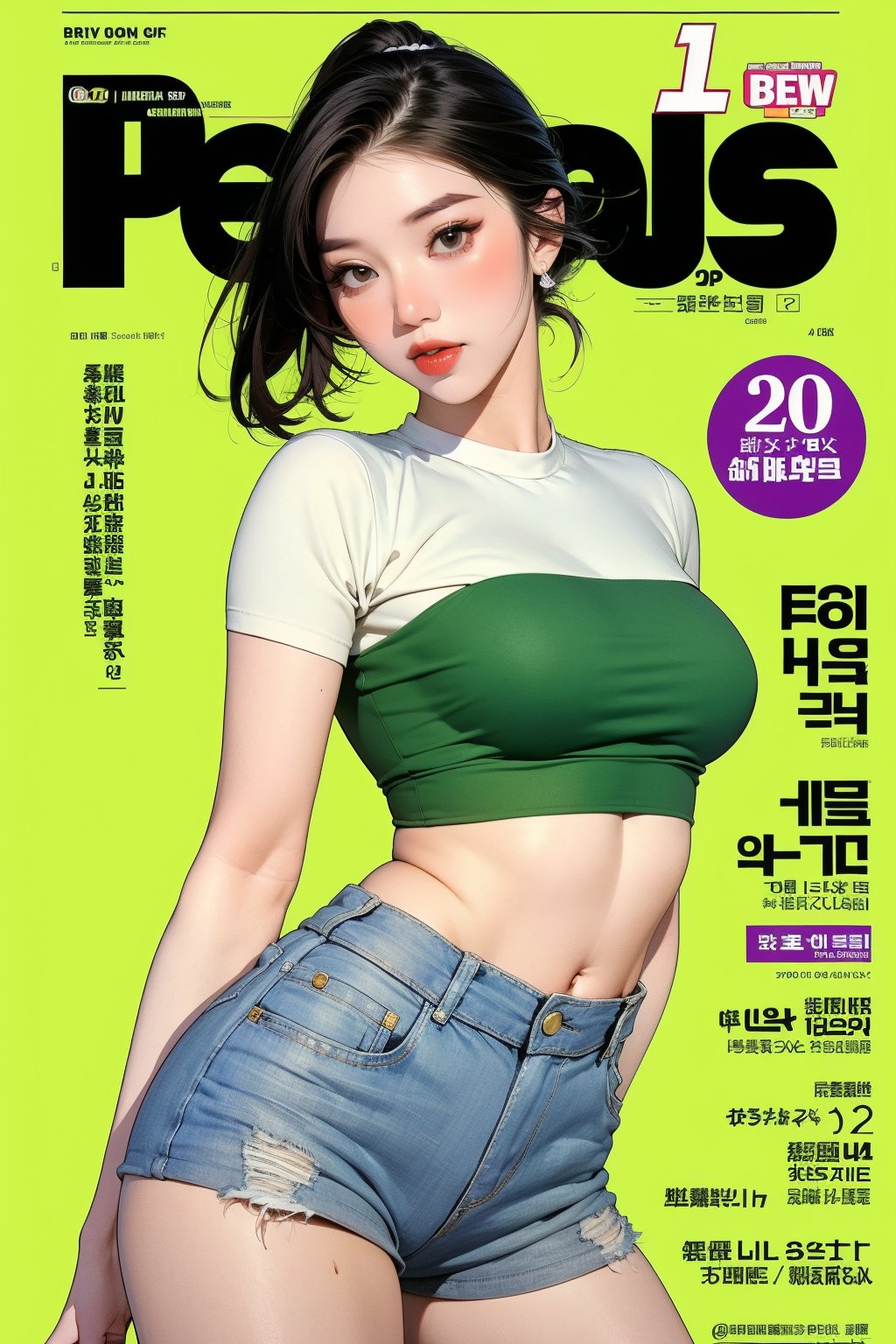 1girl, thigh up body, detailed clothes, kpop idol, hairstyle, croptop, looking at viewer, sharp focus, magazine cover, green background, ((outline,)) chimai, aespakarina,sanatw