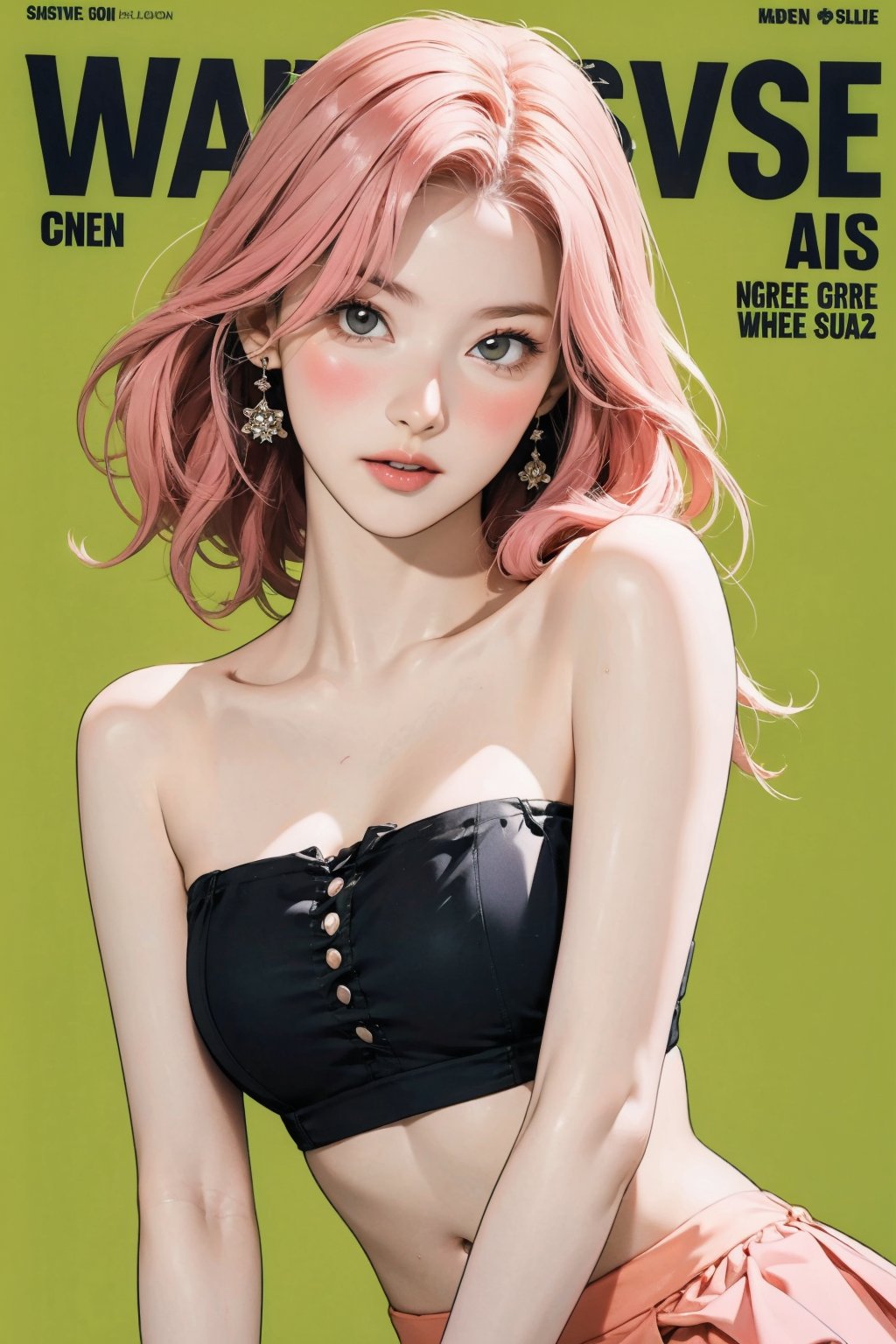 tennis girl outfit, 1girl, thigh up body, pink hair, looking at viewer, hairstyle, detailed clothes, earrings, sanatw, magazine cover, green background,