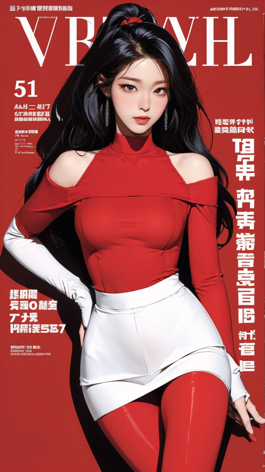 1girl, attendant, looking at viewer, thigh up body, stocking, earings, elegant, blush, red background, hairstyle, styled clothes, cinematic composition, ultra detailed, best quality, sharp focus, magazine cover, outline, 2D artstyle, seolhuyn