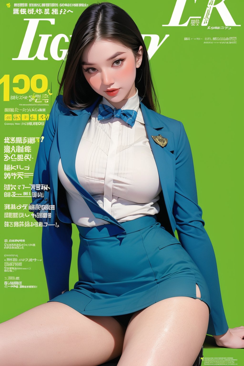 1girl, ((flight attendant outfit,)) thigh up body, detailed clothes, looking at viewer, sharp focus, magazine cover, green background, chimai,