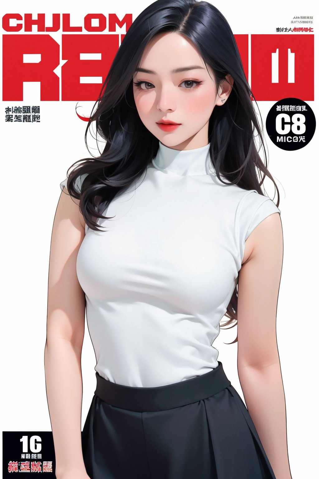 1girl, hip up, standing, looking at viewer, detailed clothes, styled cutout turtleneck body shirt, sleeveless, miniskirt, accurate color reproduction, best quality, magazine cover, jisoo,chimai,miyeon,aespakarina,hakil,QA,sim