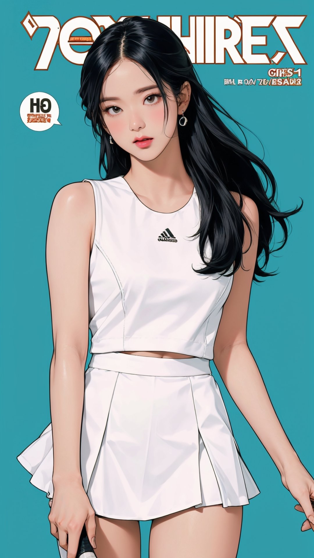 1girl, standing, thigh up body, ((looking at viewer, tennis girl outfit,)) 2D artstyle, magazine cover, outline, earings, blush, green background, hairstyle, ultra detailed, best quality, sharp focus,rosé,jisoo