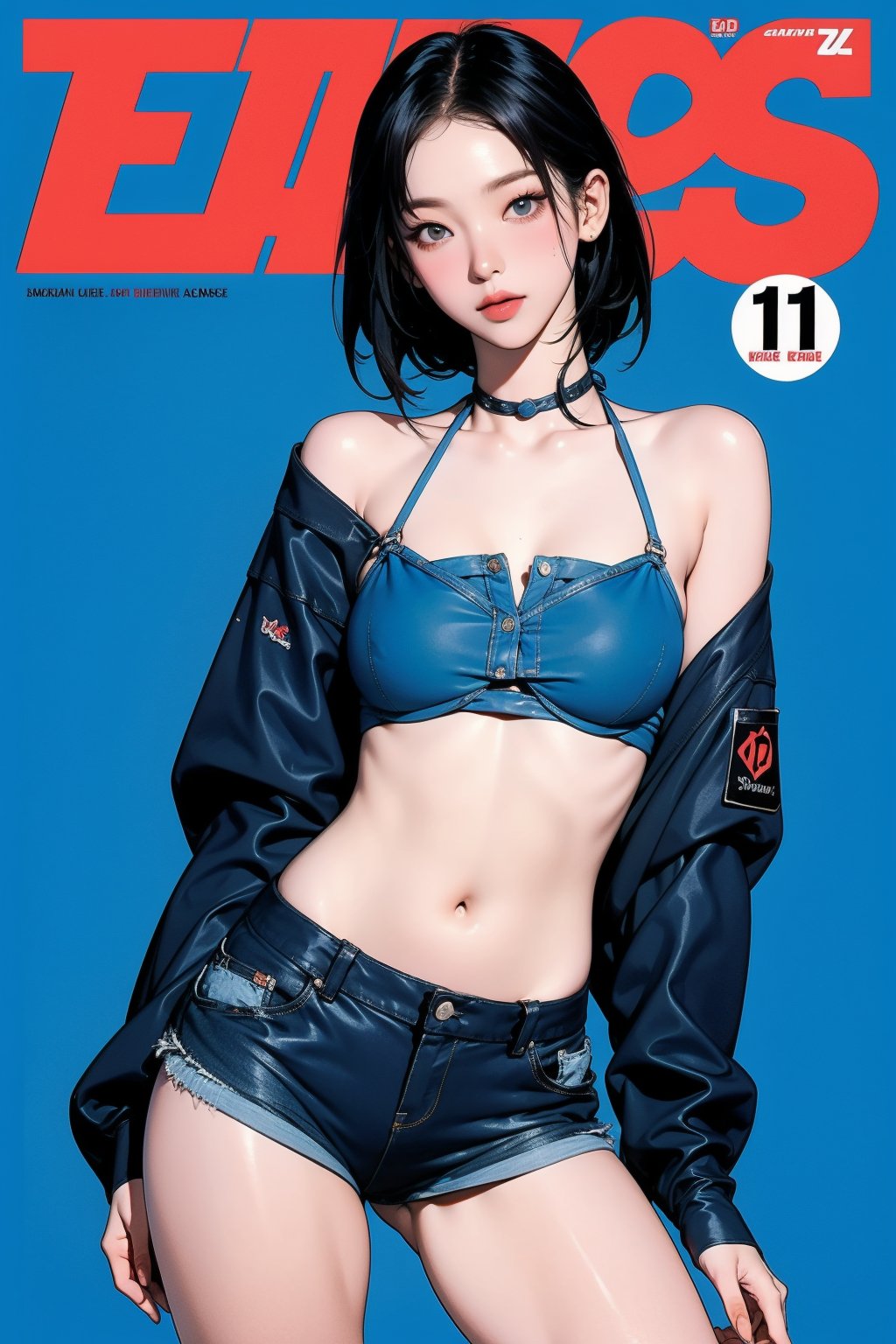 1girl, thigh up body, detailed clothes, bikini model, looking at viewer, sharp focus, magazine cover, blue background, ((outline,)) chimai,aespakarina