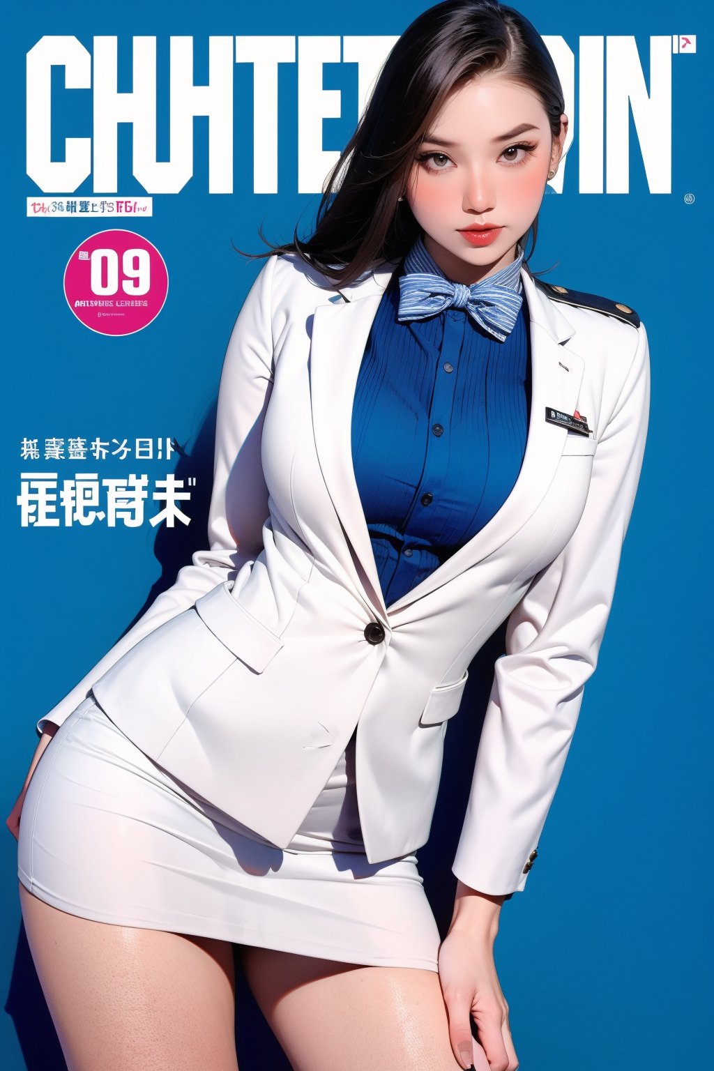 1girl, ((flight attendant,)) thigh up body, styled detailed clothes, looking at viewer, sharp focus, magazine cover, blue background, chimai,