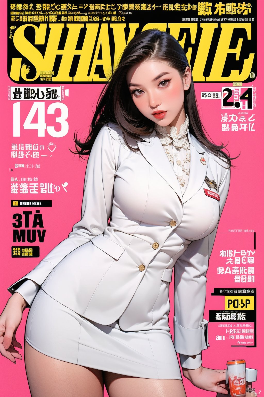 1girl, flight attendant suit, thigh up body, styled detailed clothes, looking at viewer, sharp focus, magazine cover, color background, chimai,