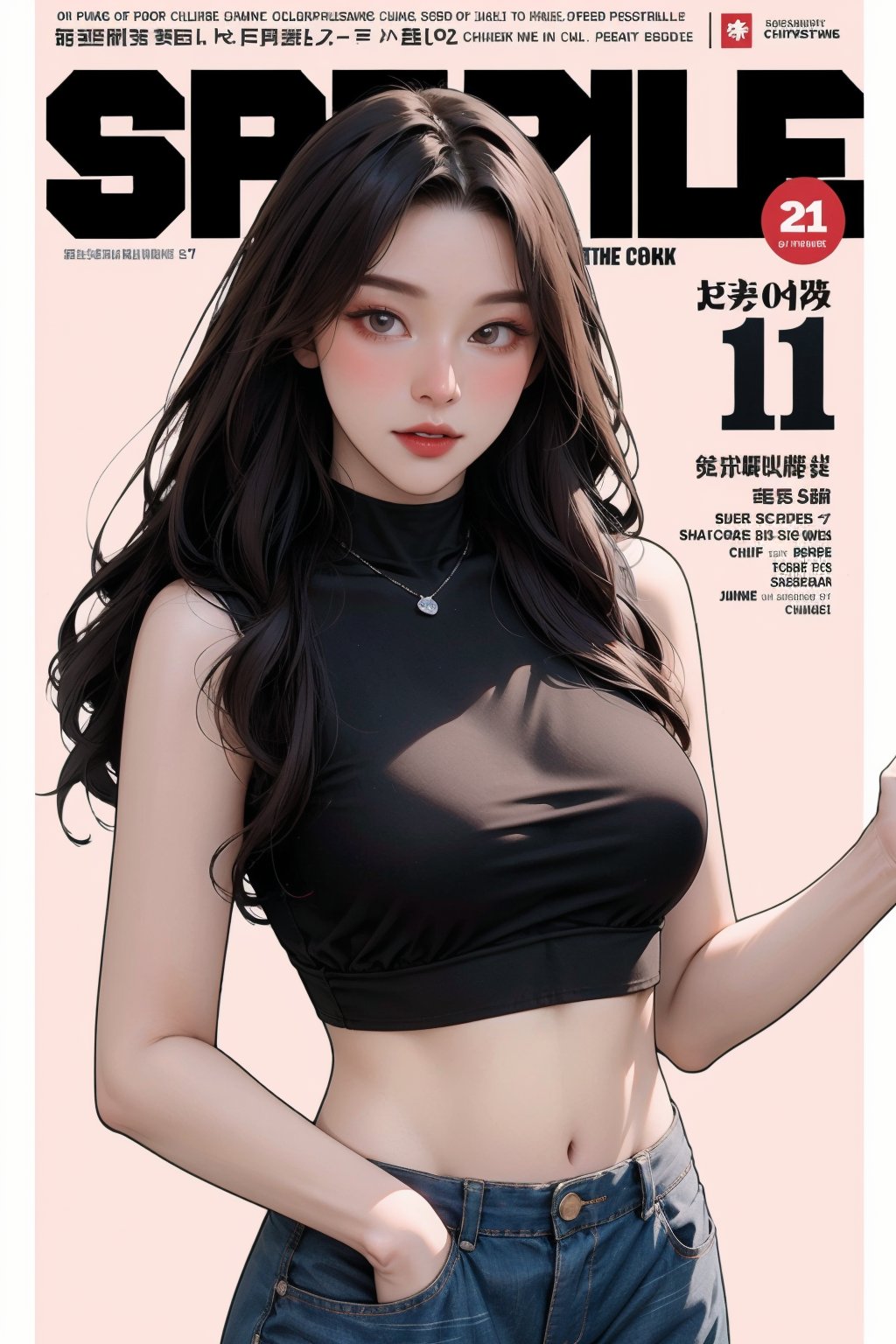 1girl, looking at viewer, styled clothes, turtle neck croptop, sleeveless, hairstyle, sharp focus, magazine cover, coloful background, 2D artstyle, outline, 

chimai,hine,hakil,yuong01,johyun,sim