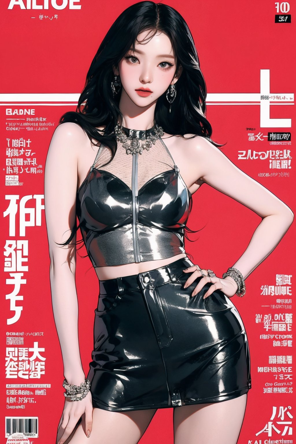 BDSM, allure 1girl, hip up body, standing, see-through, detailed clothes, earrings, magazine cover,  chimai