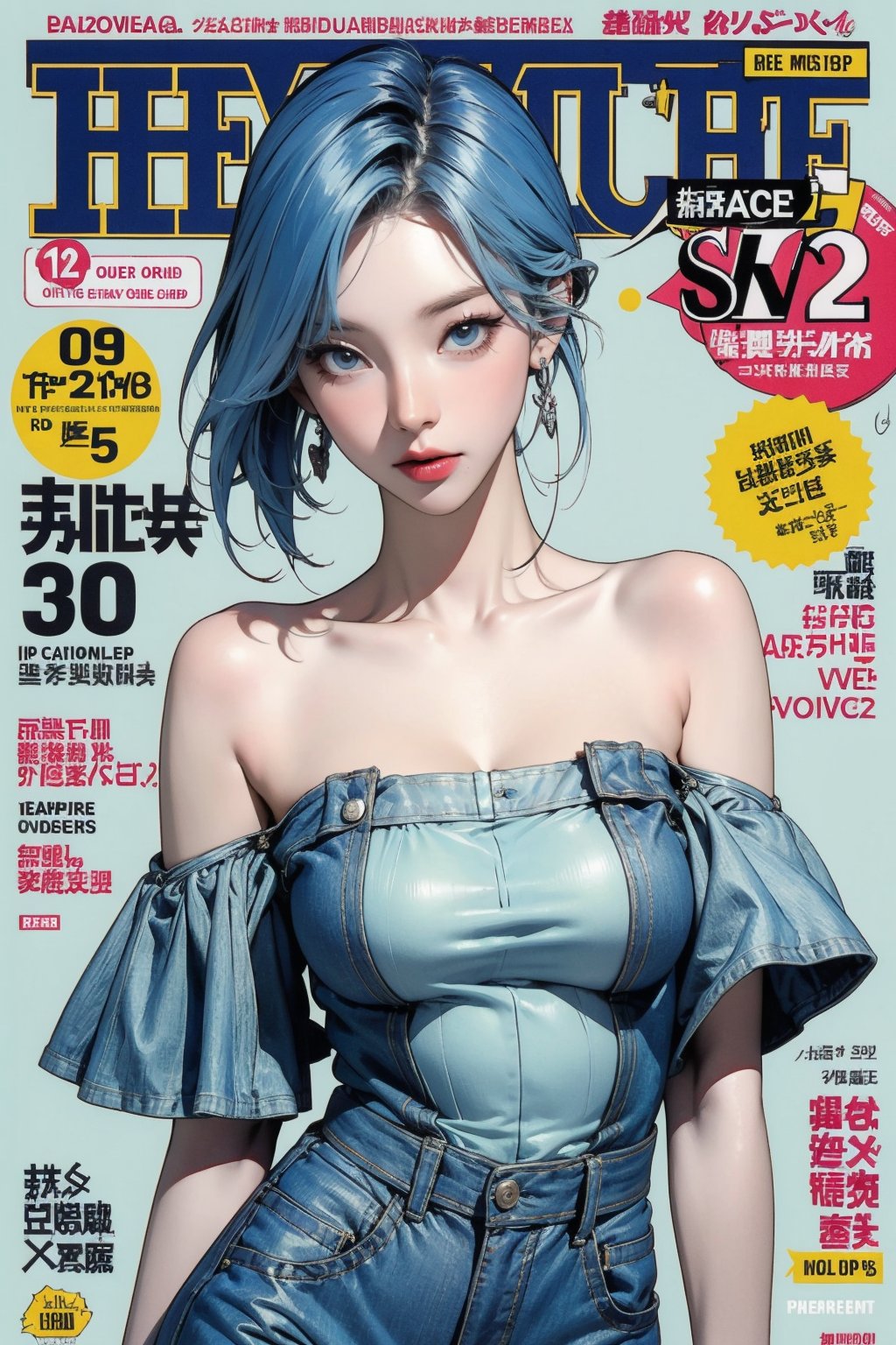 1girl, light blue mix hair, bracelets, thigh up body, looking at viewer, hairstyle, earrings, intricate background, magazine cover, aespakarina, headset,