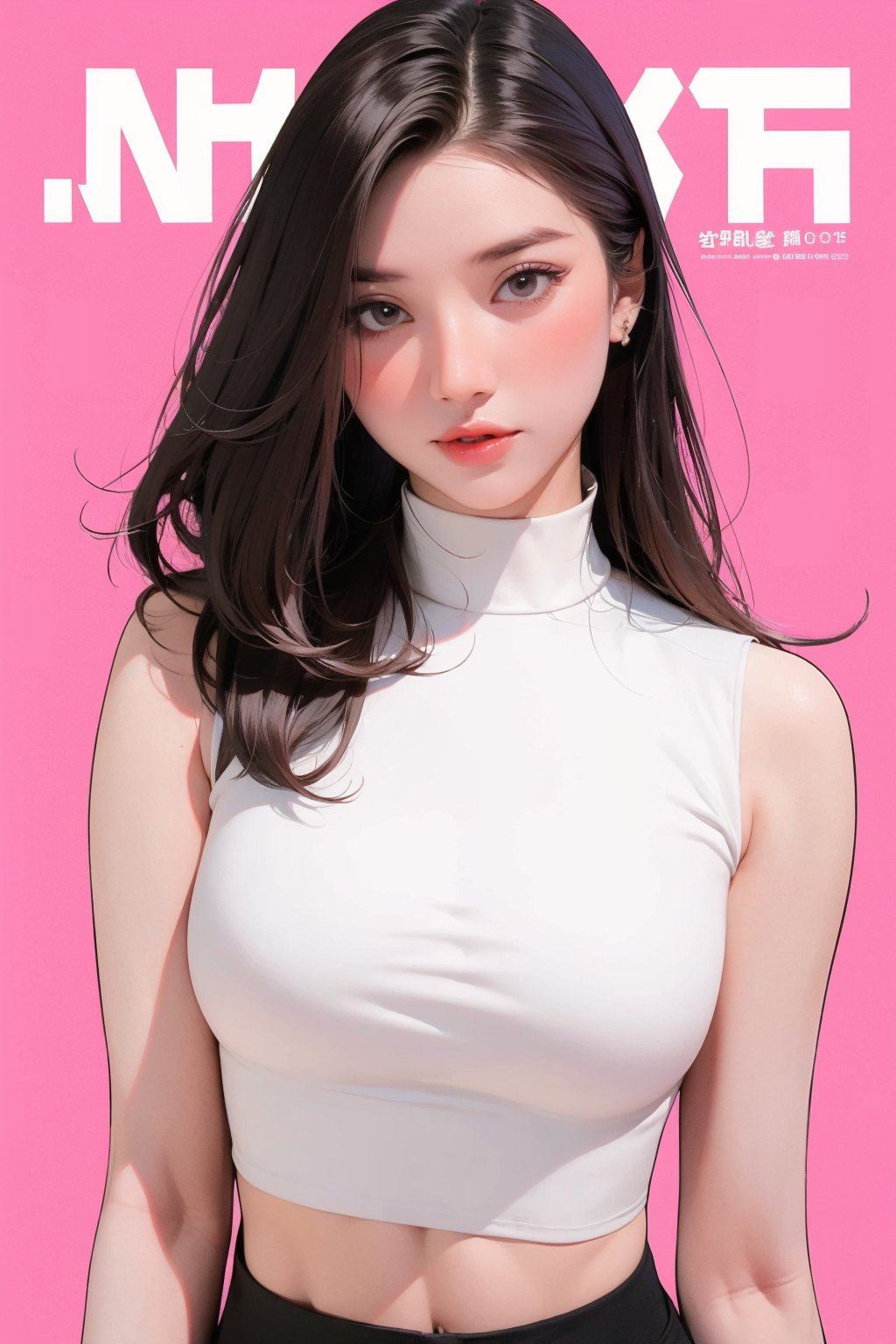 1girl, looking at viewer, styled clothes, turtle neck croptop, sleeveless, hairstyle, sharp focus, magazine cover, coloful background, 2D artstyle, outline, 

chimai,hine,hakil,yuong01,johyun,sim,haohaoulz,kn