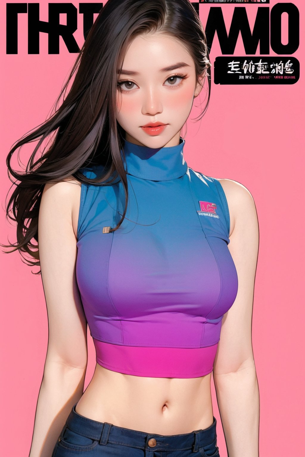 1girl, thigh up body, looking at viewer, styled clothes, turtle neck croptop, sleeveless, sharp focus, magazine cover, coloful background, 2D artstyle, outline, 

chimai,hine,hakil,yuong01,johyun,sim,haohaoulz,kn,htt